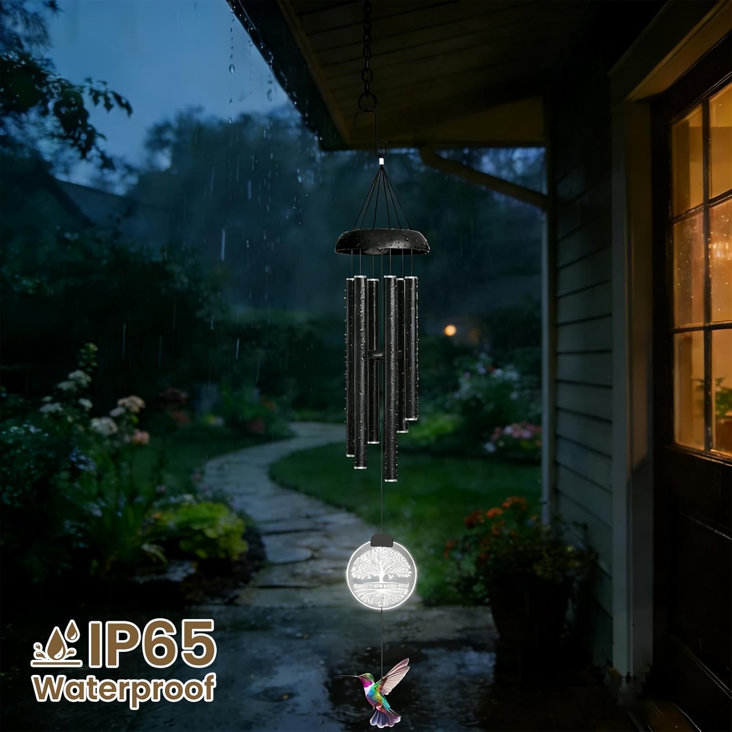 37" Solar Wind Chimes for Outside, Memorial Wind Chimes with Solar Powered Acrylic Lights & Hand-Painted Hummingbird – Sympathy Gift for Loss of Loved One, Outdoor Wind Chimes for Garden, Patio, Yard