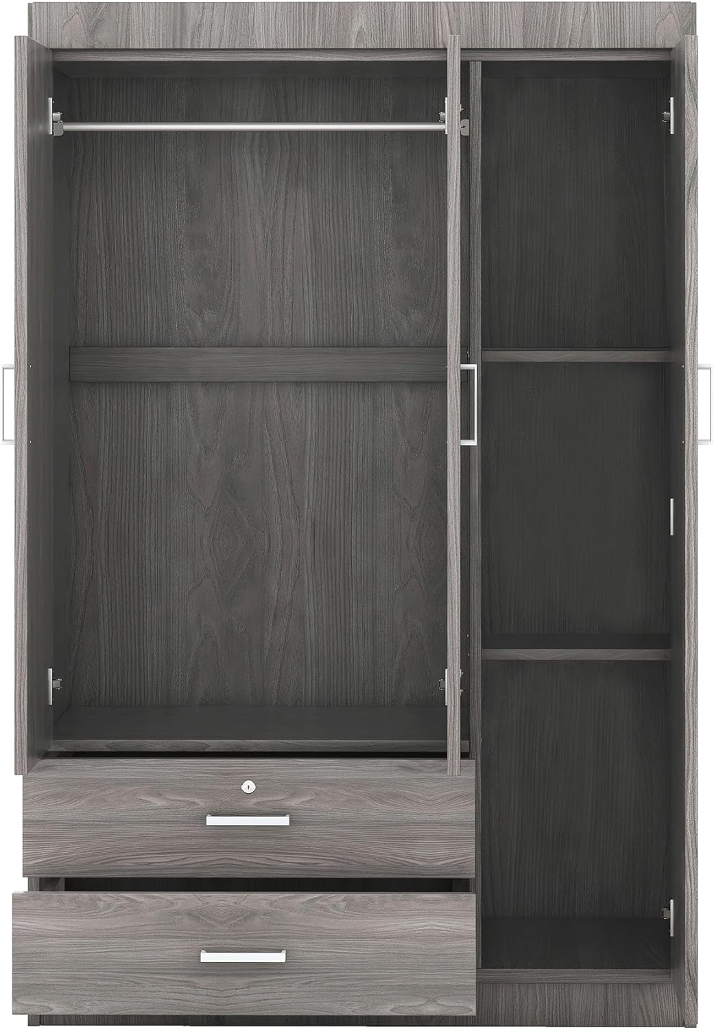 داخلي view of the Quarte 3-Door Wardrobe showing hanging space, shelves, and drawers