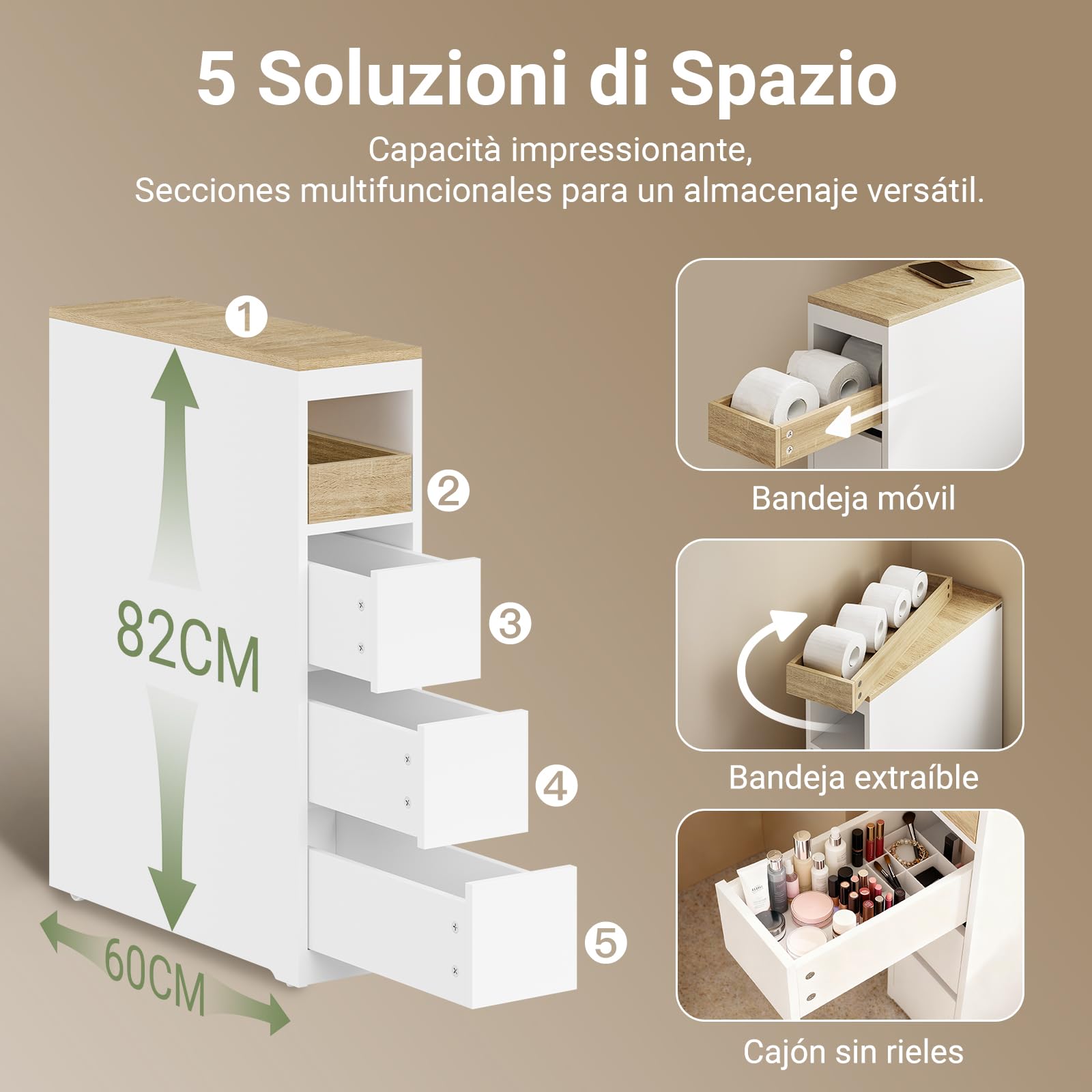 SoBuy Mueble Estrecho con Ruedas de 20cm, Muebles Auxiliares de Baño con 3 Cajones, Organizador Baño Armario para WC y Cocina, 60x20x82,3cm Blanco | Armario de baño estrecho de madera compacto para inodoro pequeño y cocina, color blanco, BZR54-K-W