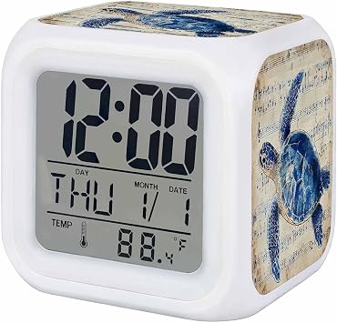 Watercolor Blue Turtle Alarm Clock, Retro Sheet Music Watercolor Digital Clock Night Light with 7 Color, Calendar Temperature Display, NightLight Clock for Bedroom, 3.2x3.2in