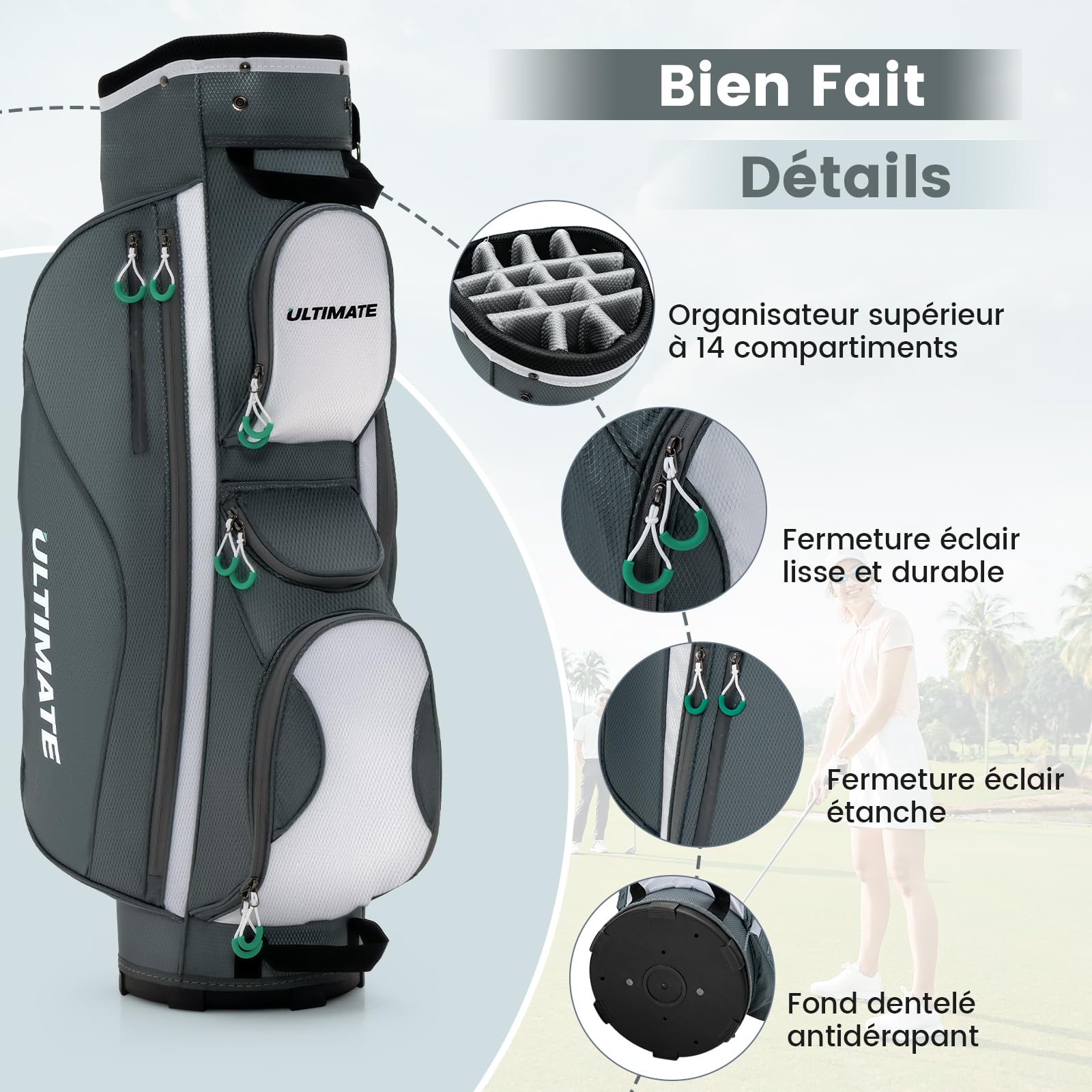GOPLUS Sac de Golf trépied, Sac de Chariot de Golf léger avec 14 Compartiments séparés au Dessus, 7 Poches zippées, Poche pour Objets de Valeur, Sac Isotherme pour Boissons, bandoulière
