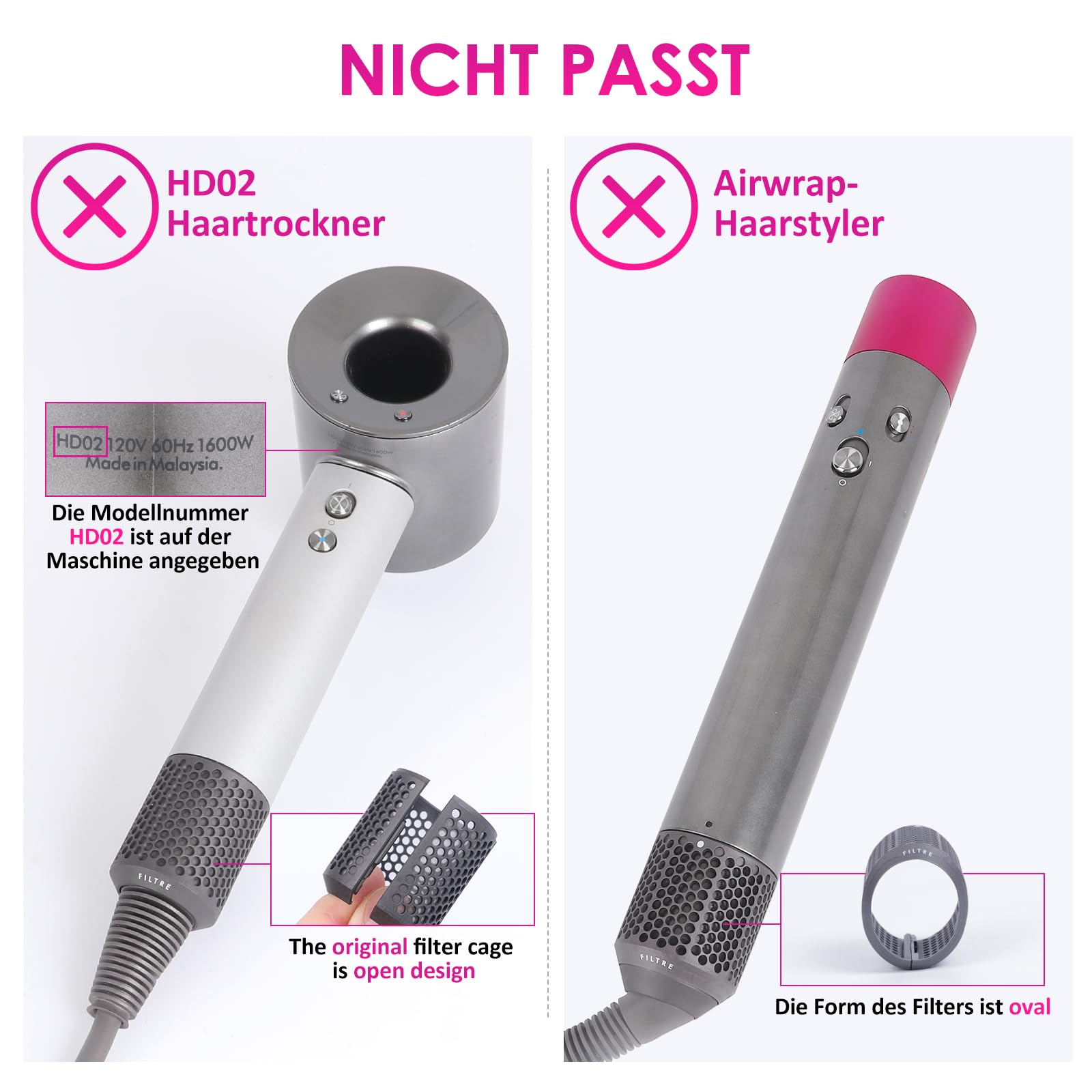 Filtro asciugacapelli migliorato di ricambio per Dyson Supersonic, filtro interno + filtro esterno compatibile con HD01 HD03 HD08 accessori di riparazione (grigio metallico)