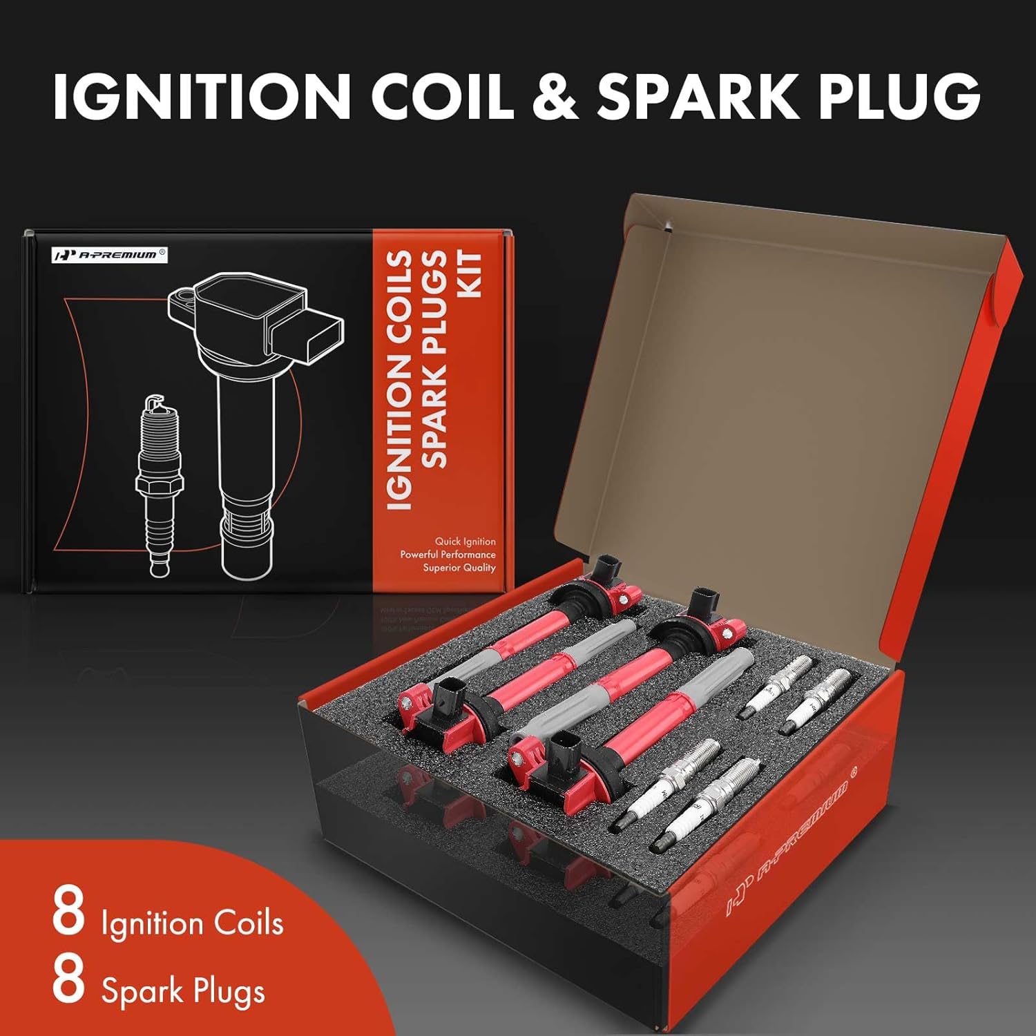 A-Premium Ignition Coils and Spark Plugs Kits Compatible with Ford F-150 2011-2016, Mustang 2011-2015, 5.0L Red, Set of 8