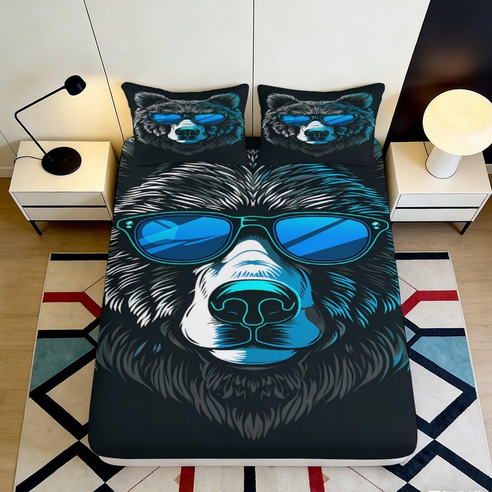 3D Printed Cool Bear Sunglasses Fitted Sheet Microfiber Soft Durable Bear Face Bed Cover for Bedroom Dormitory Guest Room Mattress Protection 140x200x25cm