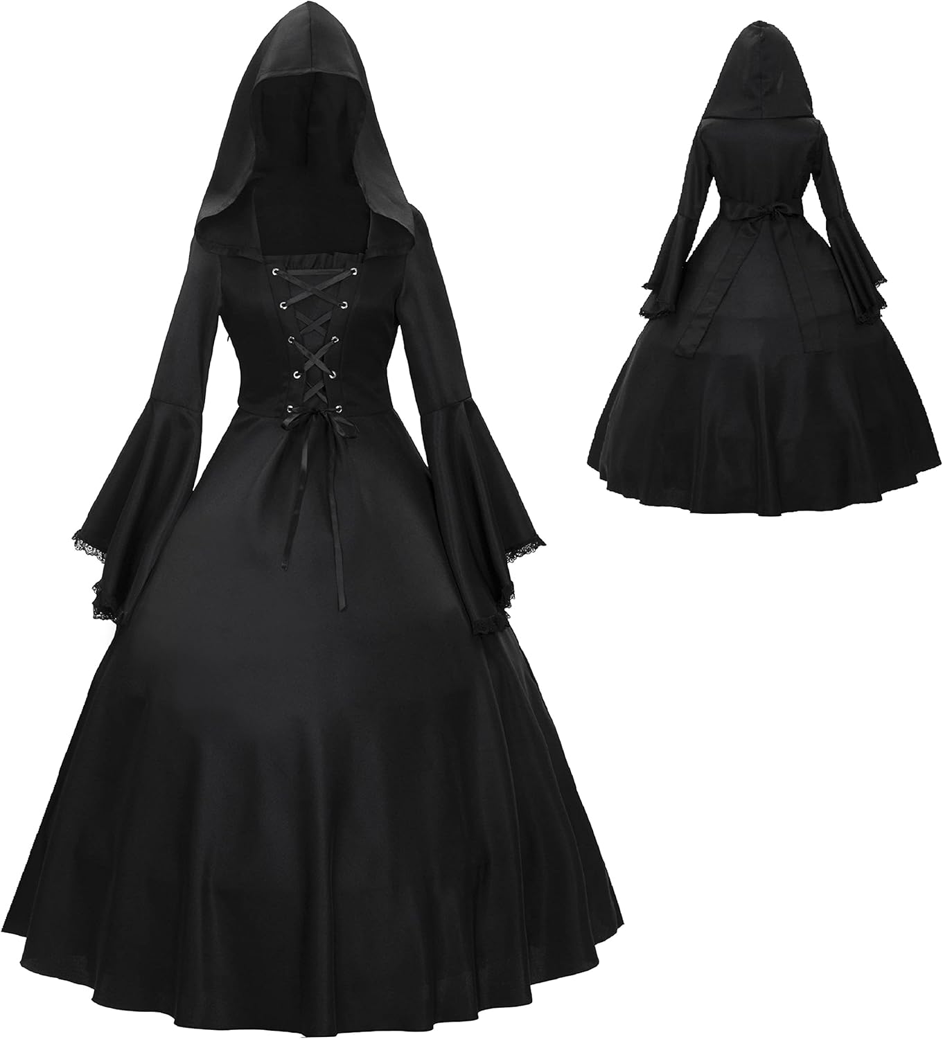 Vintage Gothic Medieval Black Hooded Dress Halloween Front Lace Up Flare Sleeve Costume Dress