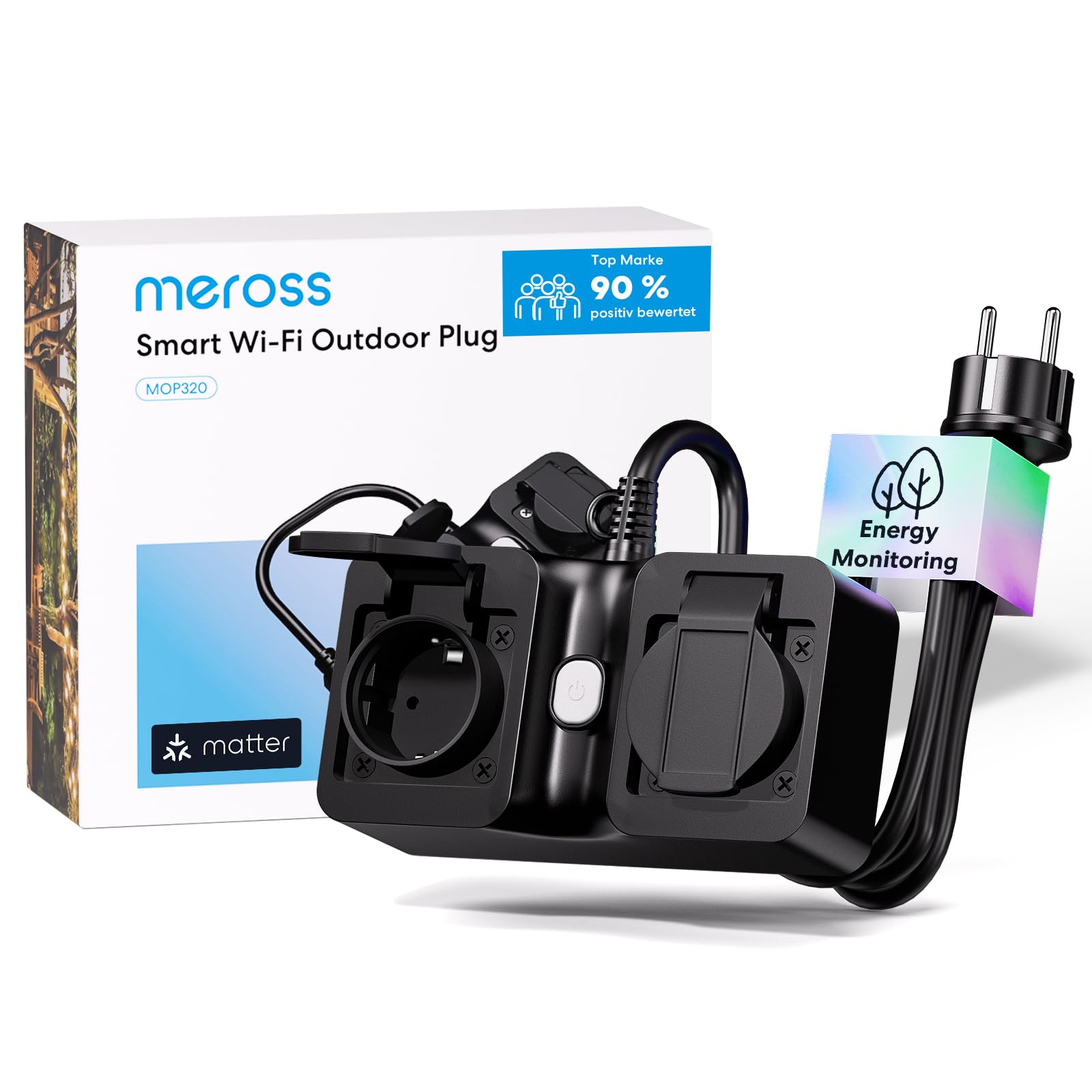 Meross Matter Steckdose Outdoor Wasserdicht IP44 Strommessung | Balkonkraftwerk | für Apple HomeKit, Alexa, Google Home, Home Assistant | 16A/3680W | 1,5m Kabel | App Zeitschaltuhr