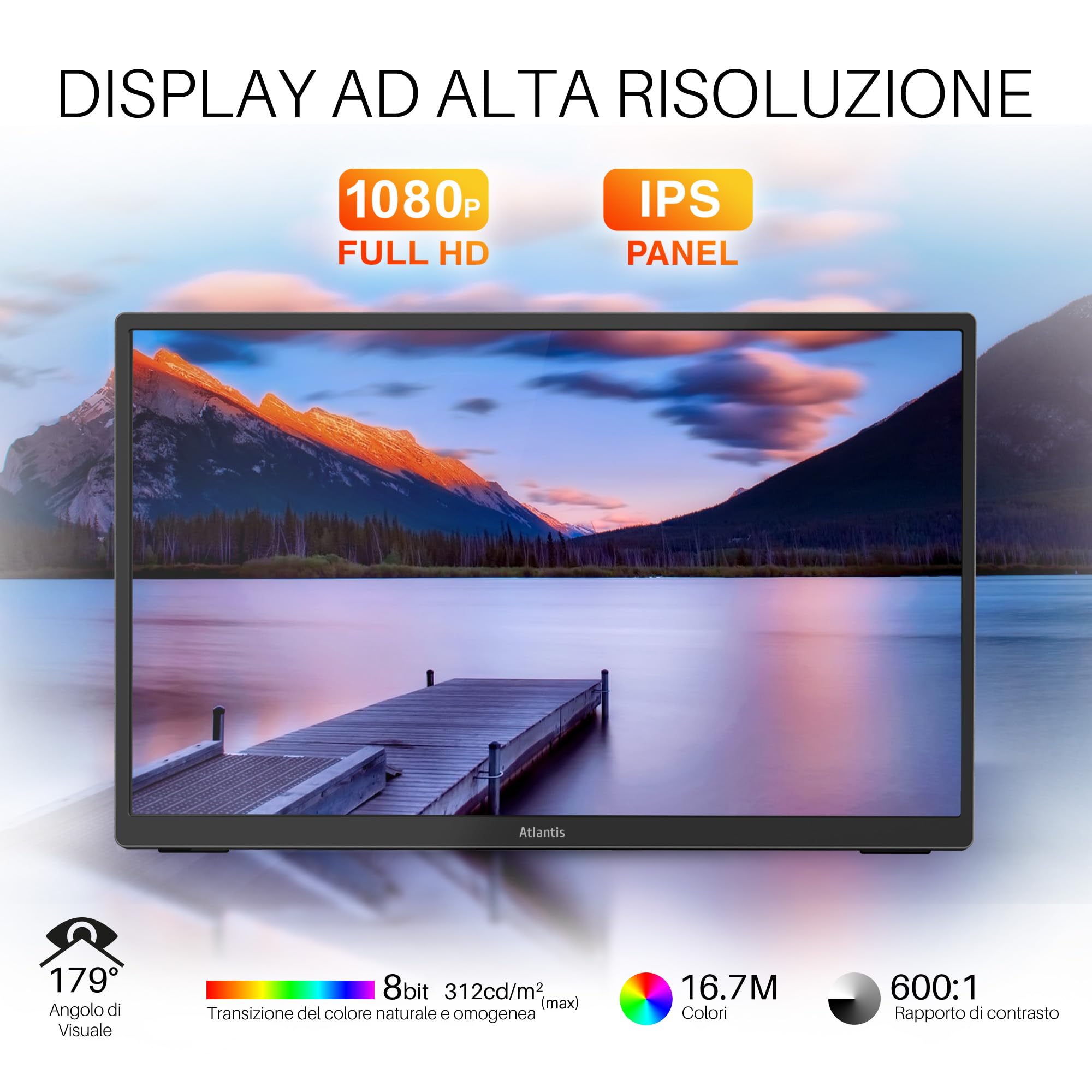 Atlantis Monitor Portatile TouchScreen 16” IPS Full HD HDMI/USB-C, inf 1 kg | Speaker 2x1W, inclinazione regolabile, Pivot, per notebook e console, cavi inclusi, cod. A05-P156LPT