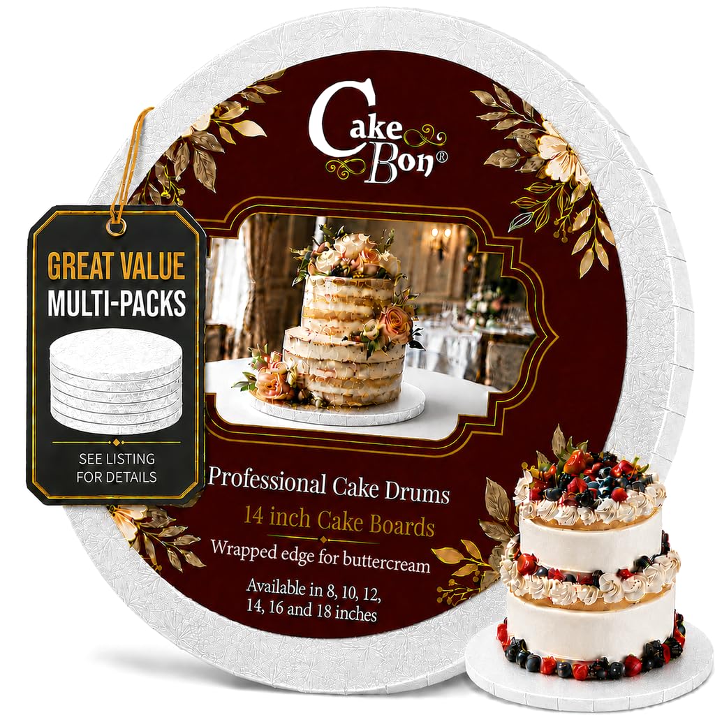 Cakebon Cake Boards 14" White Round Cake Drums 1/2" Wrapped Edge 6Pack