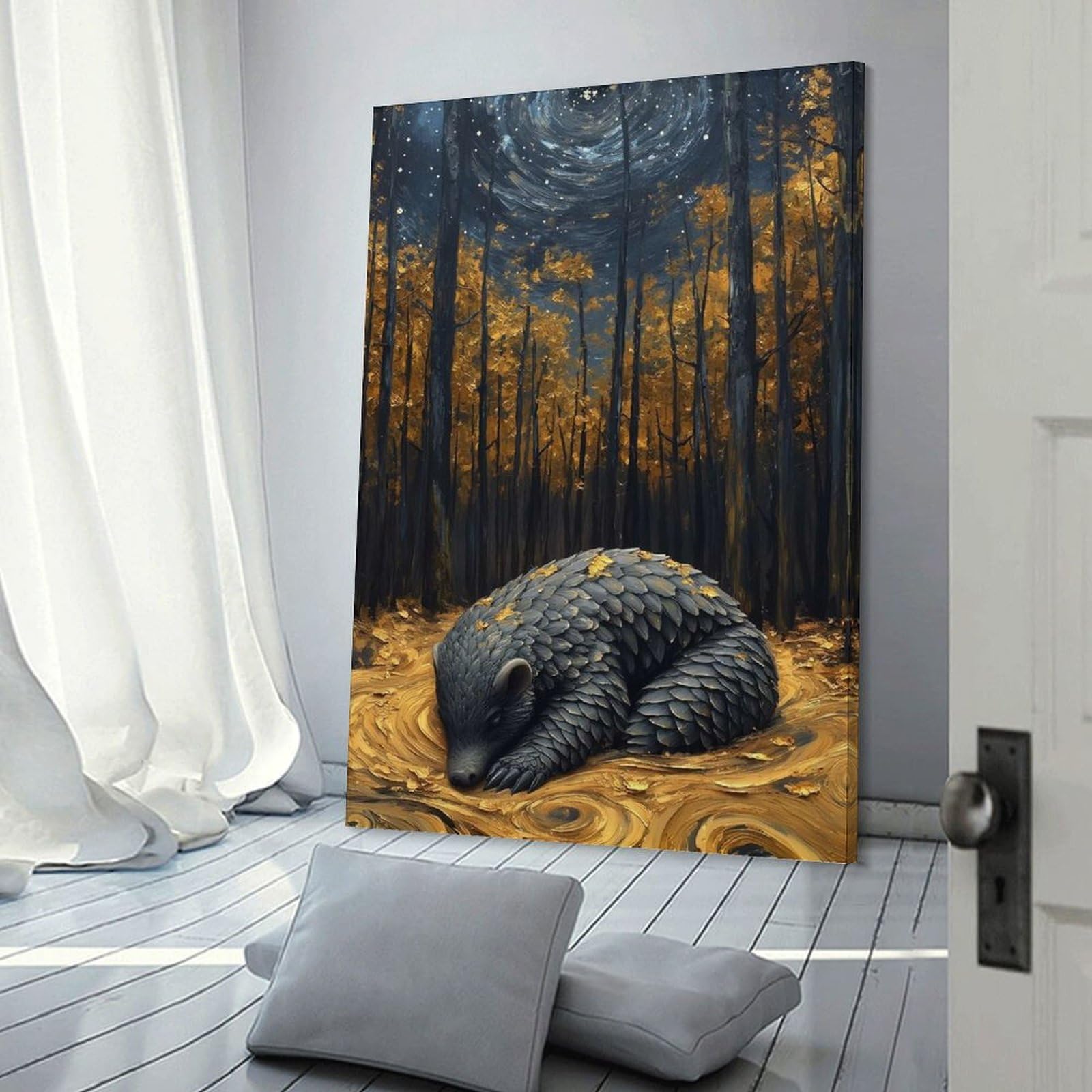 Junmoney Wall Picture Print Sleeping Pangolin in Golden Forest, 12x18inch(30x45cm), for Wall Displays, Bedrooms Or Room Updates, Wall Decor Suited to Curated Displays