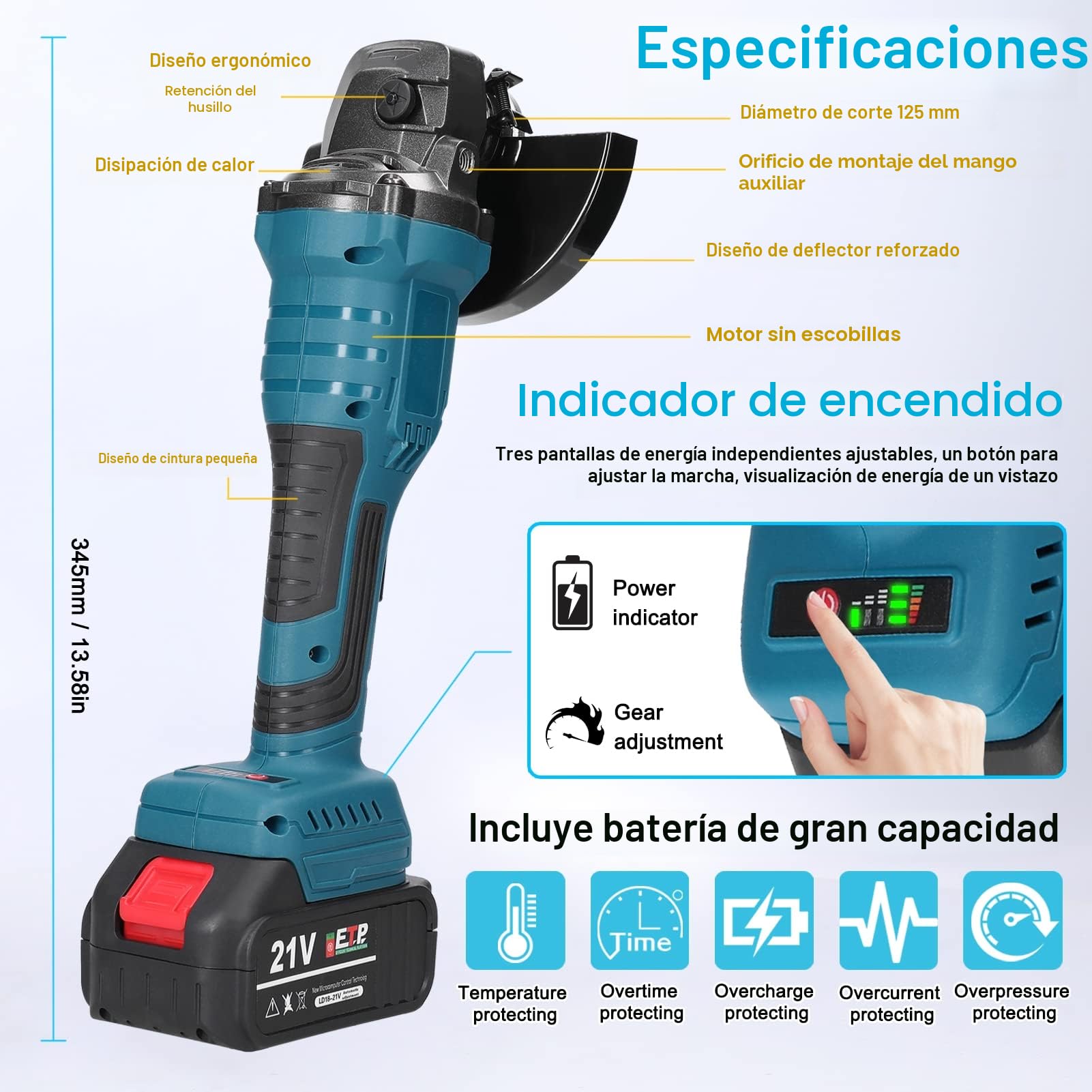 Amoladora Angular, Weytoll 21V 125mm M14 Herramienta Eléctrica de Rectificado con Motor sin Escobillas para Cortar Azulejos Pulidos Madera Piedra Acero con Dos Baterías de 1300 mAh