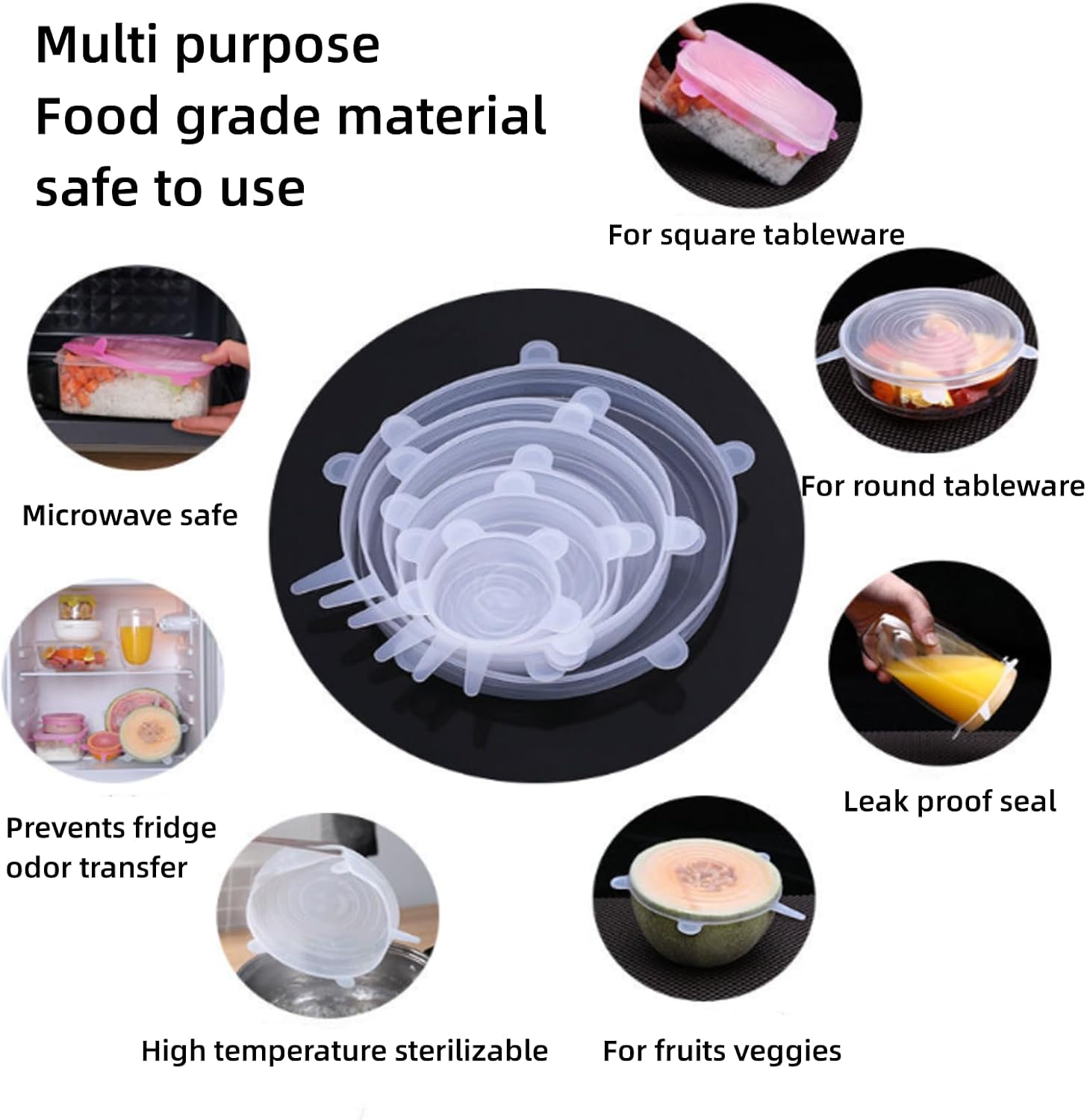 6 peças de tampas elásticas de silicone reutilizáveis tampas de panelas flexíveis para recipientes de tigelas