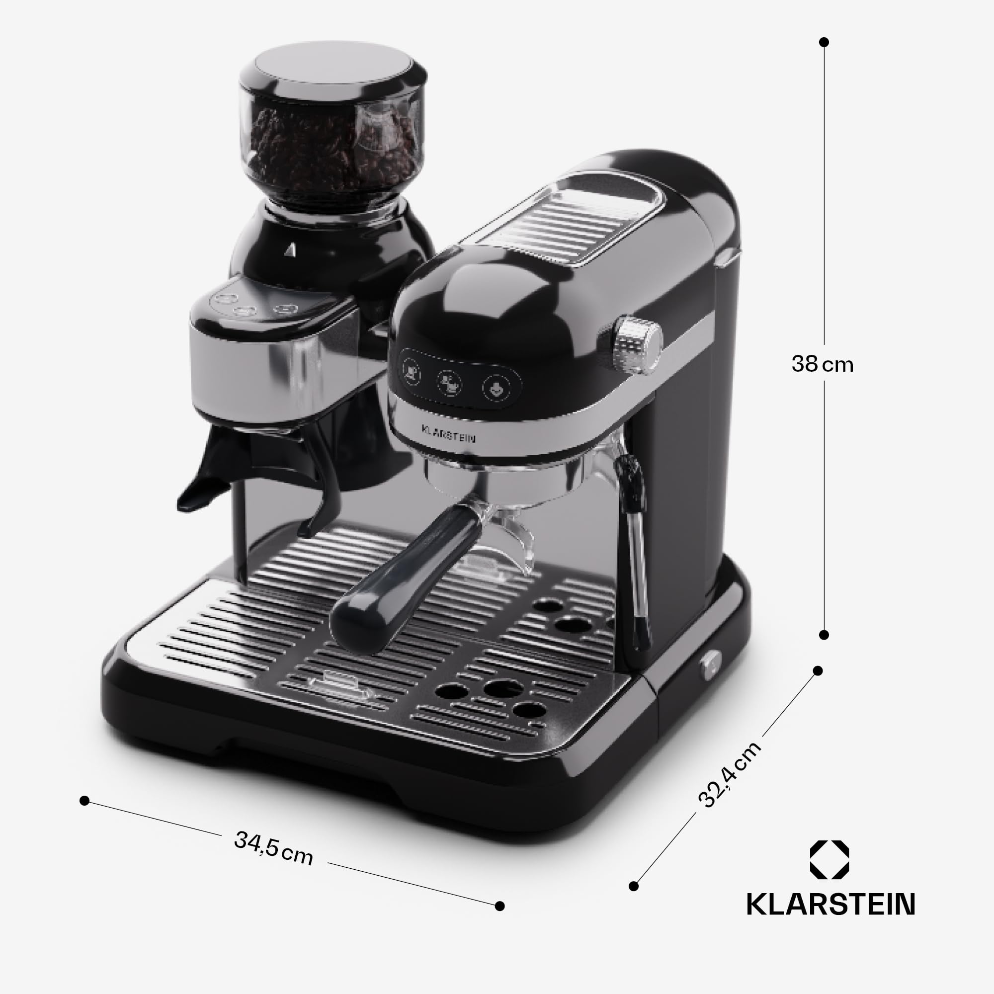 KLARSTEIN Cafetera Expresso Automatica con Espumador de Leche, Cafetera Espresso 1.4 l. Cafeteras, Pequeña de Acero Inoxidable 1550W para Capuccino, Cafetera Automatica, Maquina de Cafe