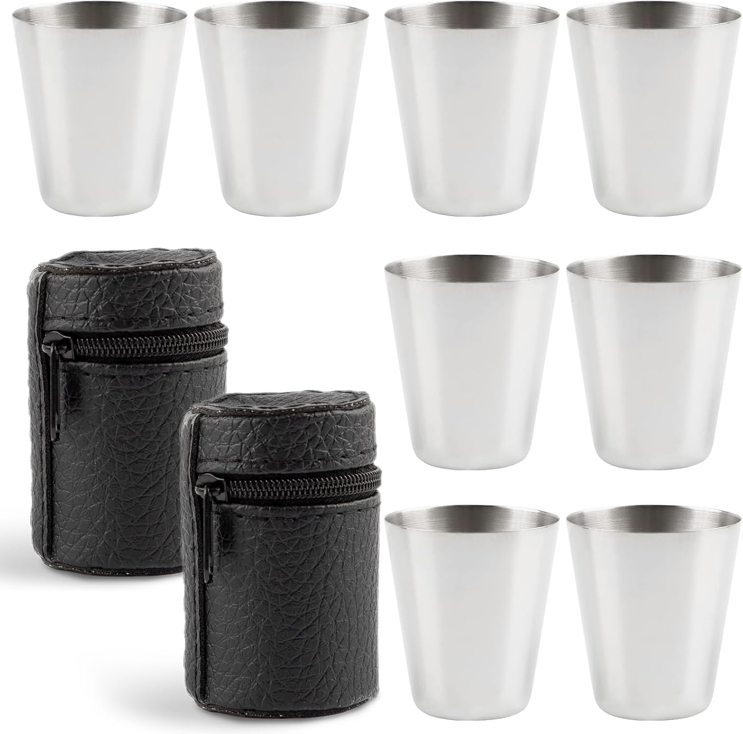 Framendino, 8 Pack 2 Ounce Stainless Steel Shot Cups with Leather Carry Cases Glass Drinking Tumbler
