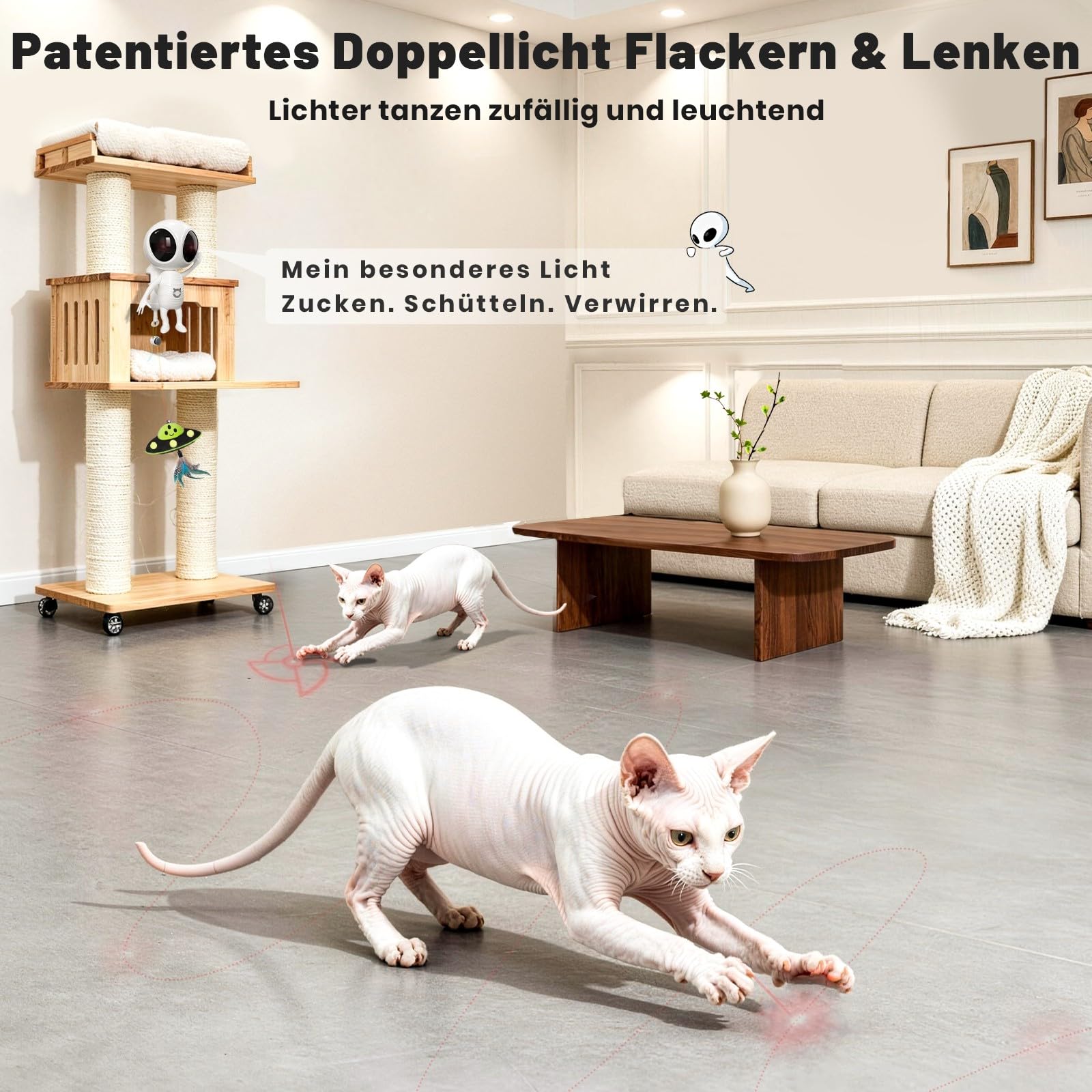 GoldenSun Interaktives Katzenspielzeug, 2-in-1 Automatisch mit Dual-Projektion & Katzenminze-UFO-Anhänger für Wohnungskatzen, Bewegungsaktiviert, Wiederaufladbar, 4 Spielmodi, Klemmbefestigung, Weiß