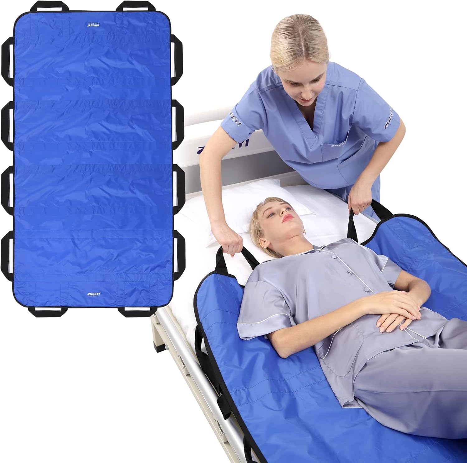 Bed Positioning Pad with Reinforced Handles 63″ x 40″ Washable Patient Transfer Slide Sheet for Body Lifting, Turning, Repositioning, for Elderly, Incontinence, Caregiver, Blue Bed Positioning Pad with Reinforced Handles 63″ x 40″ Washable Patient Transfer Slide Sheet for Body Lifting, Turning, Repositioning, for Elderly, Incontinence, Caregiver, Blue