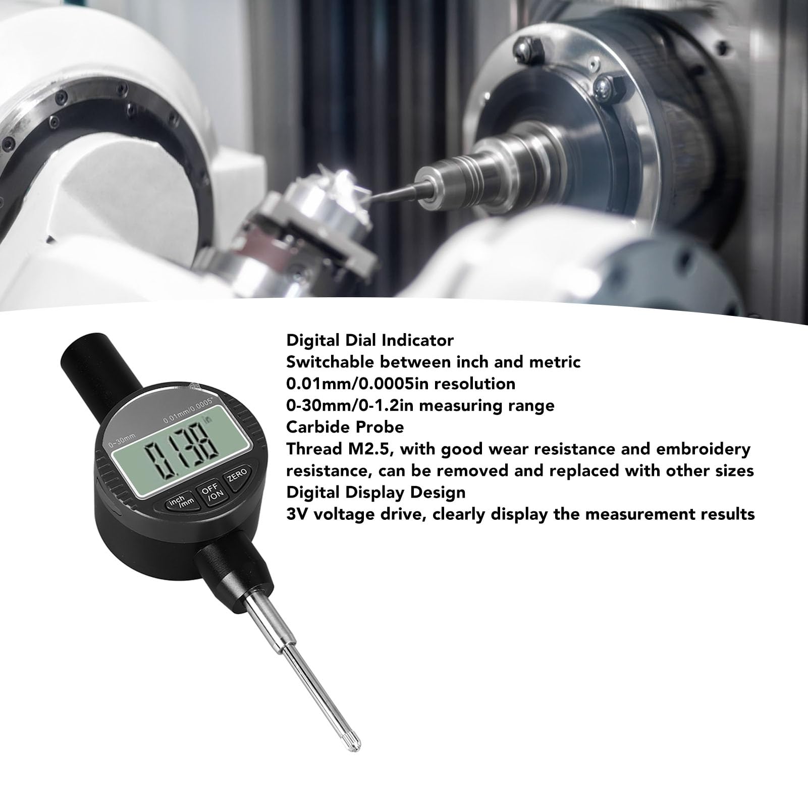 Indicador De Cuadrante Digital Resolución De 0,01 Mm/0,0005 Pulgadas, Rango De 0-30 Mm/0-1,2 Pulgadas, Sonda De Carburo, Medidor De Alta Precisión para Maquinaria Y Uso Industrial
