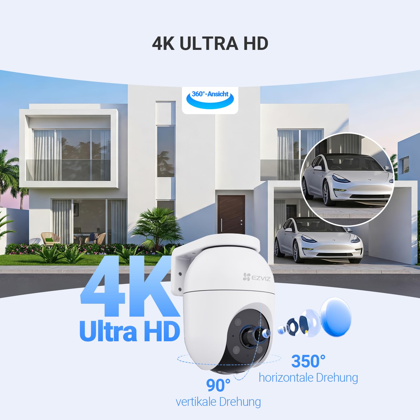 EZVIZ 4K Überwachungskamera Aussen WLAN, 360° PTZ Kamera Außen mit KI-Erkennung, Zwei-Wege-Audio, 2.4 & 5 GHz WLAN, 8MP Farbnachtsicht, Wetterfest, Fernsteuerung per App, C8c 4K (Version 2026)