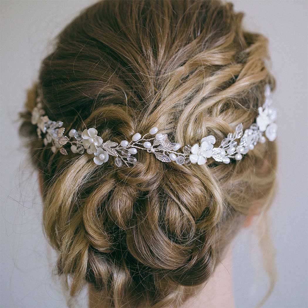 Bride Pearl Hair Piece Leaf Wedding Headband Flower Crystal 