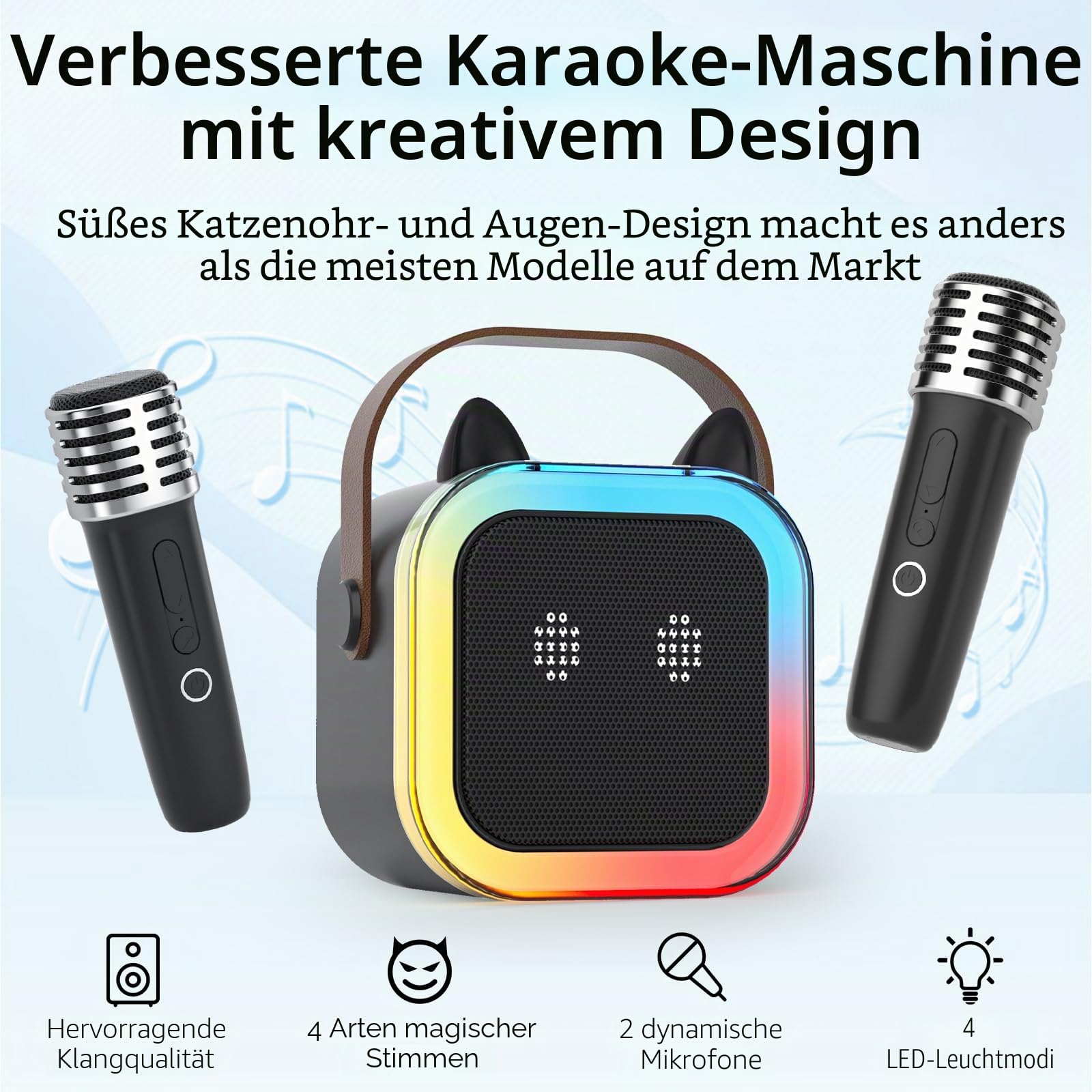 süß Katzenohr Karaoke-Maschine für Kinder Erwachsene, Tragbar Karaoke-System mit blinkendem LED-Licht, 2 drahtlose Mikrofone, Geschenk Party Lautsprecher für Kinder Geburtstag Weihnachten