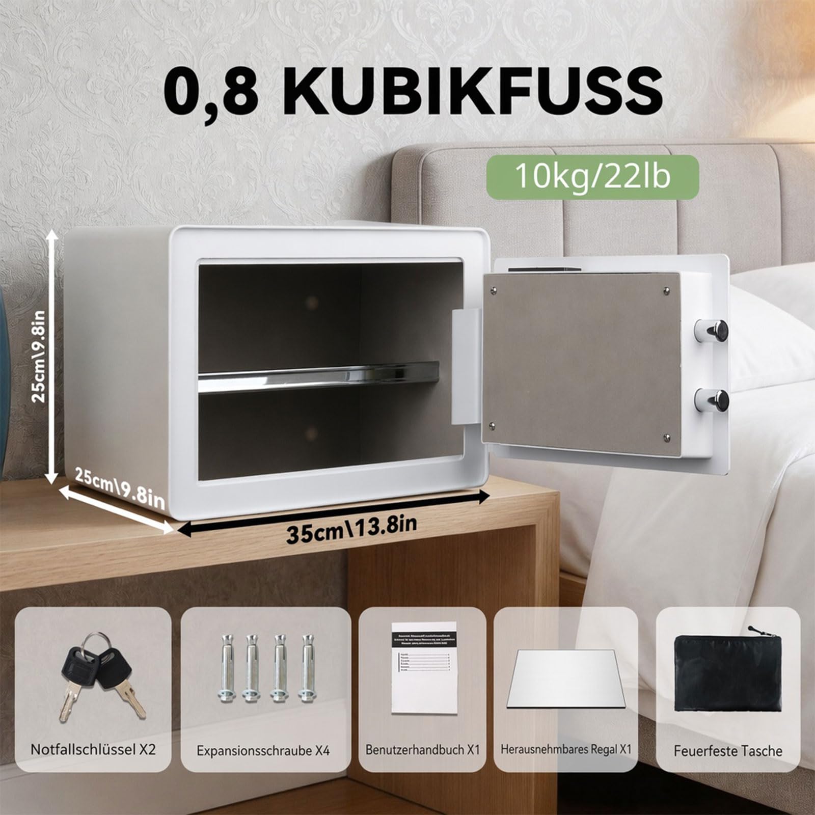 Caja fuerte de 22 litros para el hogar, caja fuerte ignífuga con teclado digital, caja fuerte para documentos con forro de terciopelo, alarma y luz, fondo extraíble, alta seguridad