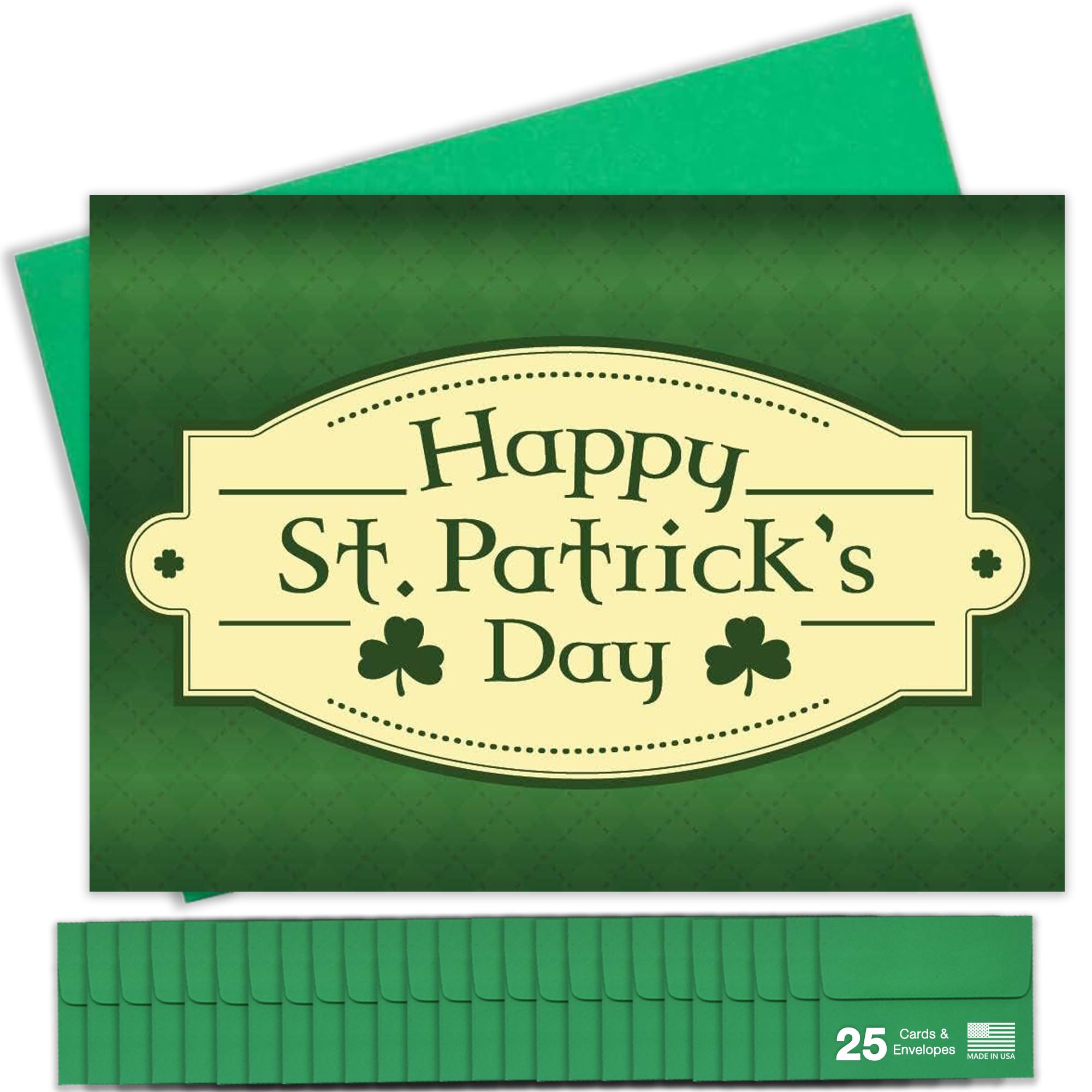 Happy St. Patrick's Day Cards for Family & Business (Plaid & Clovers) Saint Patrick Bulk Greeting Card Set Pack of 25 with Green Envelopes (5x7 inch -