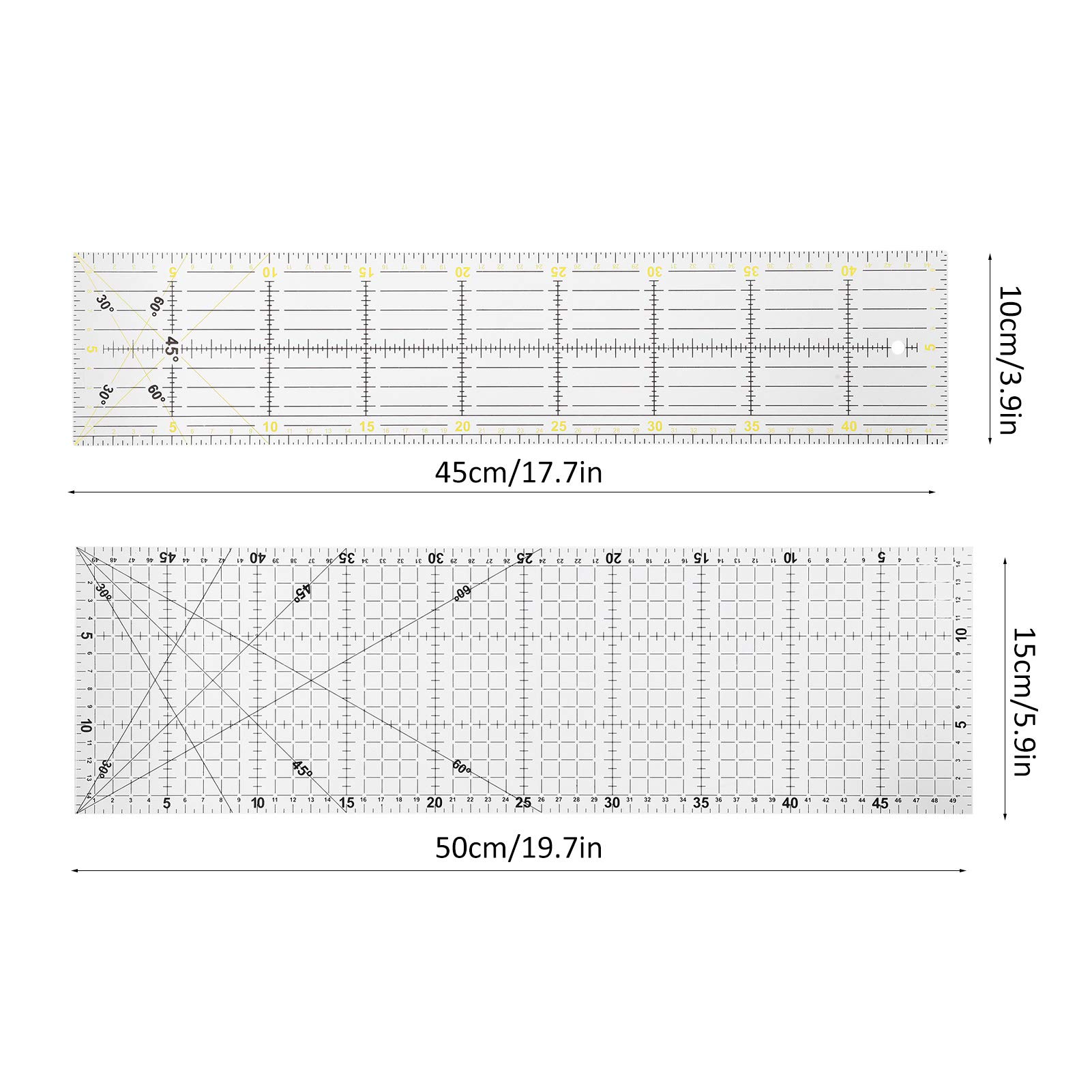 MRKU Set di 2 righelli per Quilting in Acrilico Trasparente, Bordo Antiscivolo, Linee di griglia, plastica Spessa