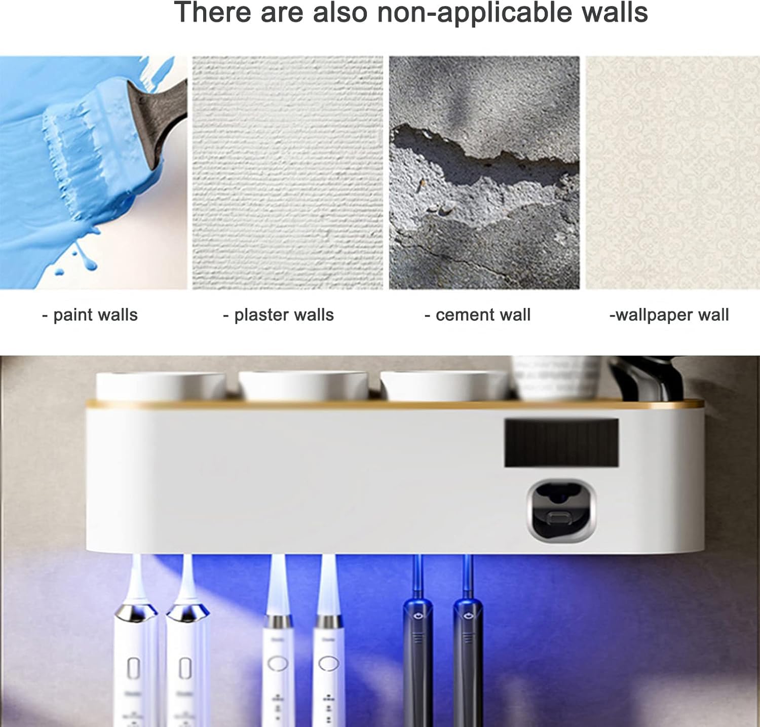 Esterilizador De Cepillos De Dientes De Montaje En Pared Y Dispensador De Pasta De Dientes Recargable, Soporte para Cepillos De Dientes USB De 1800 Mah, Organizador para White