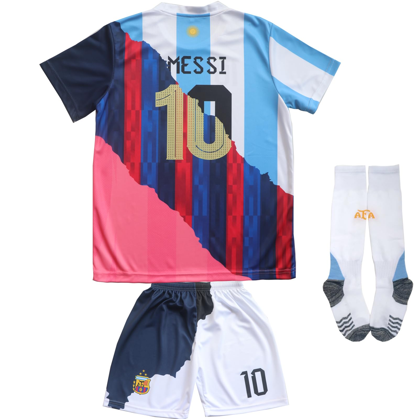 ORGBRAIN Argentina Barcelona Miami #10 New Football Soccer Kids Jersey Shorts Socks Set Youth Sizes (Mix, 26)