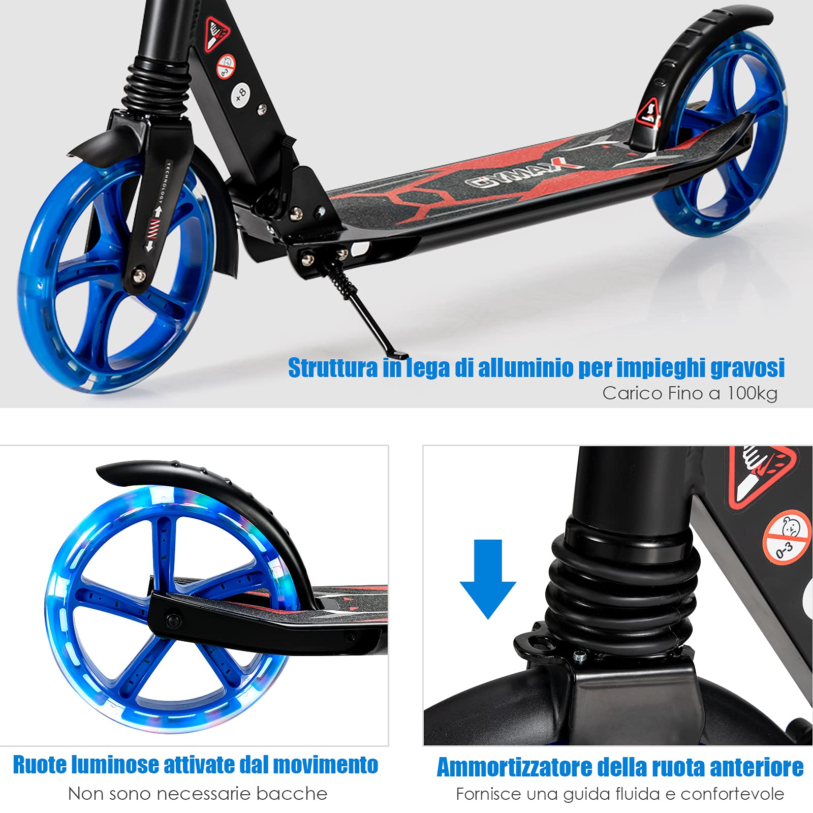 COSTWAY Scooter Monopattino a Spinta per Bambini Pieghevole e Regolabile in Altezza (91-106 cm), con Ruote Luminose e Cavalletto, Carico Massimo 100kg