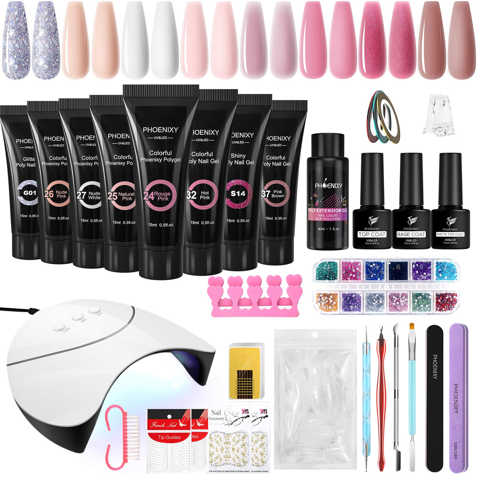 PHOENIXY Gel Nägel Set, 8 Farbe Poly Nagelgel Set mit 36W U V Nagellampe Poly Nagelverlängerung Gel Starterset mit Unterlack Glänzende und Matte Überlack Geschenke für Frauen