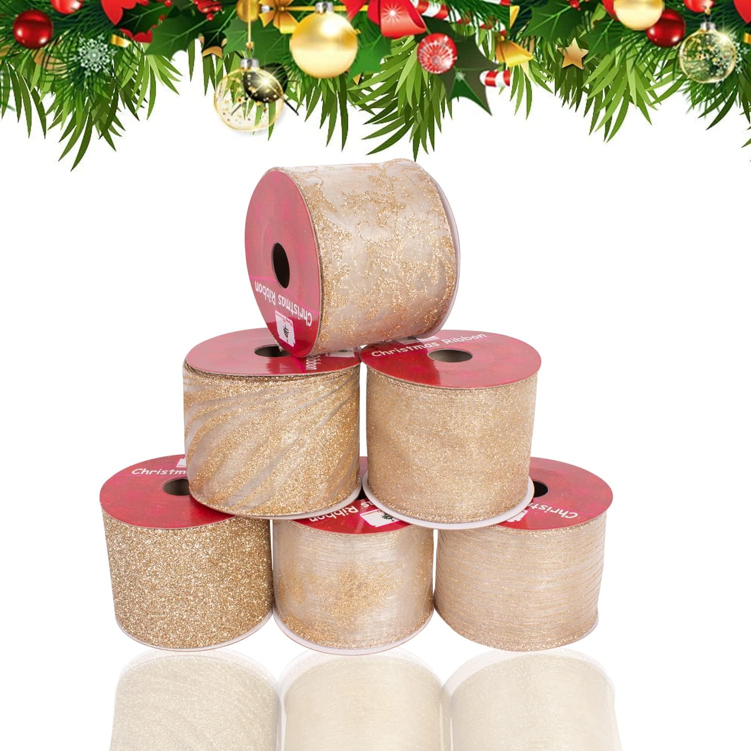 GEDLIRE 6 Rolls Christmas Wired Ribbons, 2.5 Inch 36 Yards Champaign Gold Glittered Sheer Organza Gift Wrapping Ribbon, Assorted Fabric Ribbons for DIY Crafts, Wreath, Bow, Christmas Tree Decorations