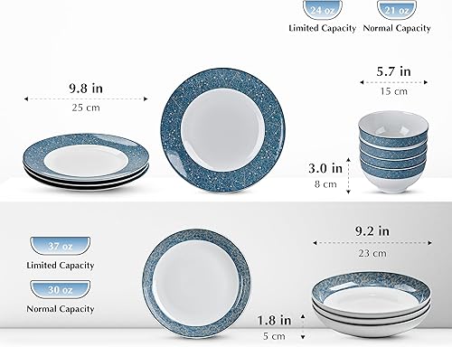 Miniatura 7 de Minh Long - Juego de vajilla de porcelana de 12 piezas, platos, cuencos, servicio para 4, resistente a astillamientos y arañazos, apto para horno