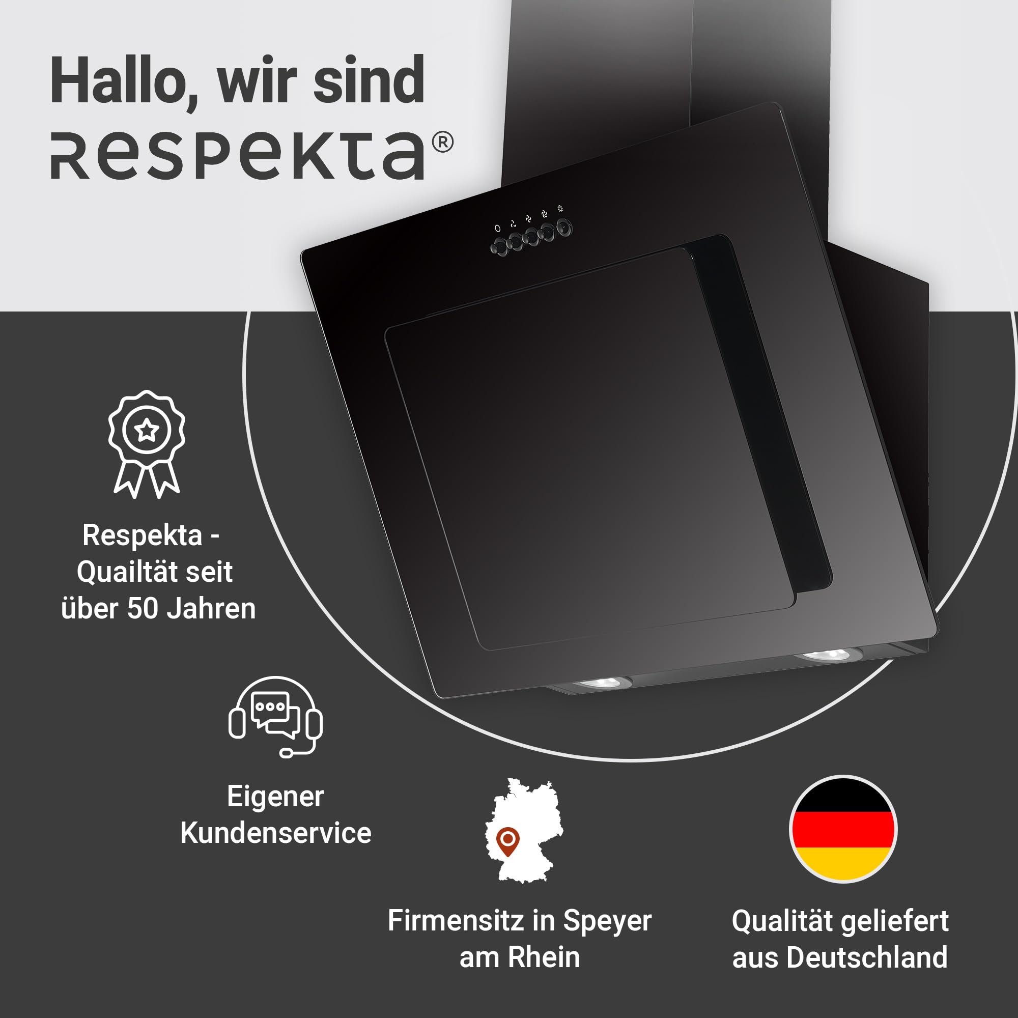 Respekta Dunstabzugshaube 60 cm Metallgehäuse Glasschirm Schwarz Abluft Umluftfunktion CH21060SBZ 54-62 dB