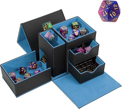 Dice Tray & Dice Tower Storage Box, 3 in 1 Dice Holder Case Dice Rolling Tray, Dice Rolling Tower, Dice Storage Drawers, Leather Magnetic Closure DND Accessories Gifts for RPG MTG, Black/Blue