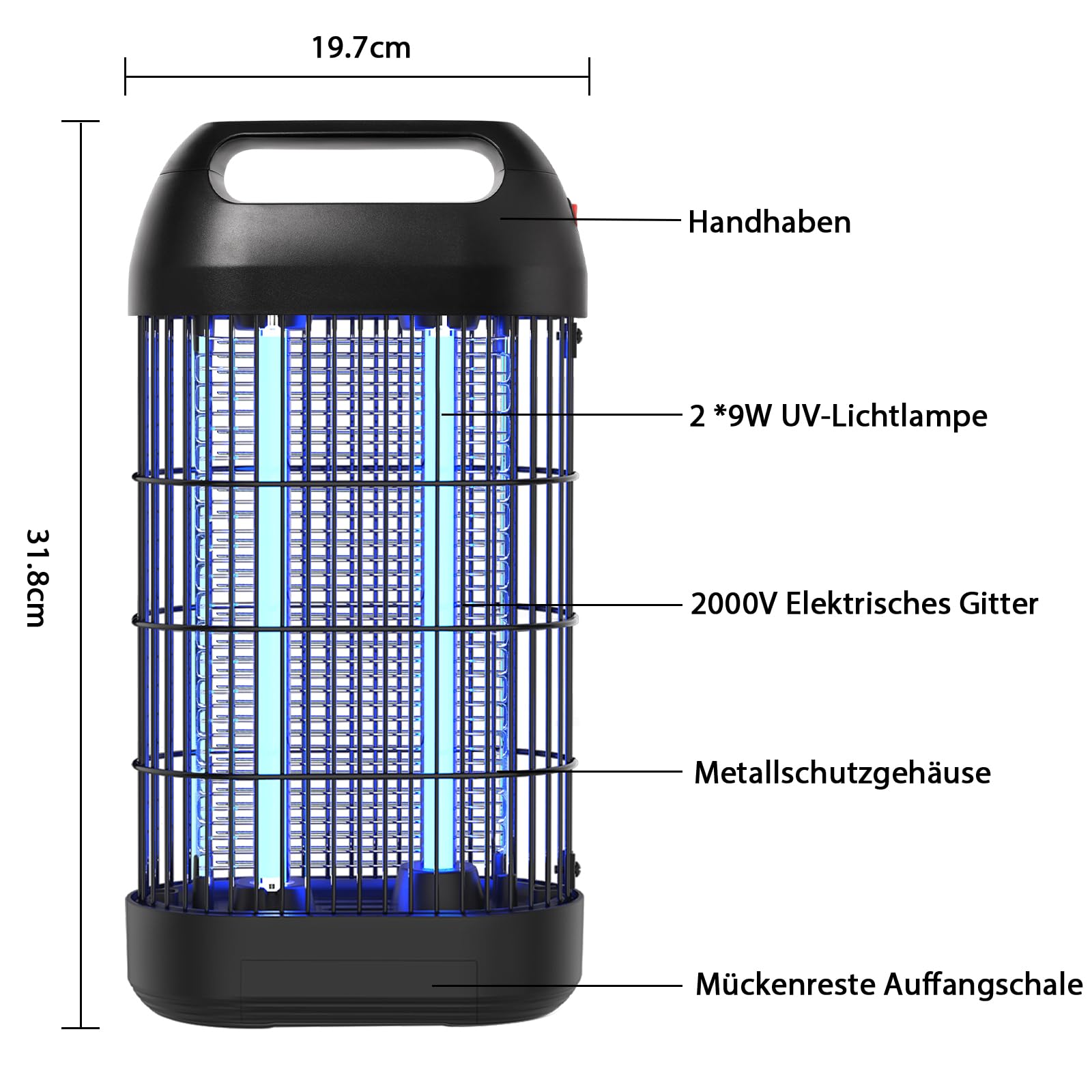 Insektenvernichter Elektrisch 18W Mückenlampe 2000V Doppelelektrogitter 365nm UV-Licht Fliegenfalle LED