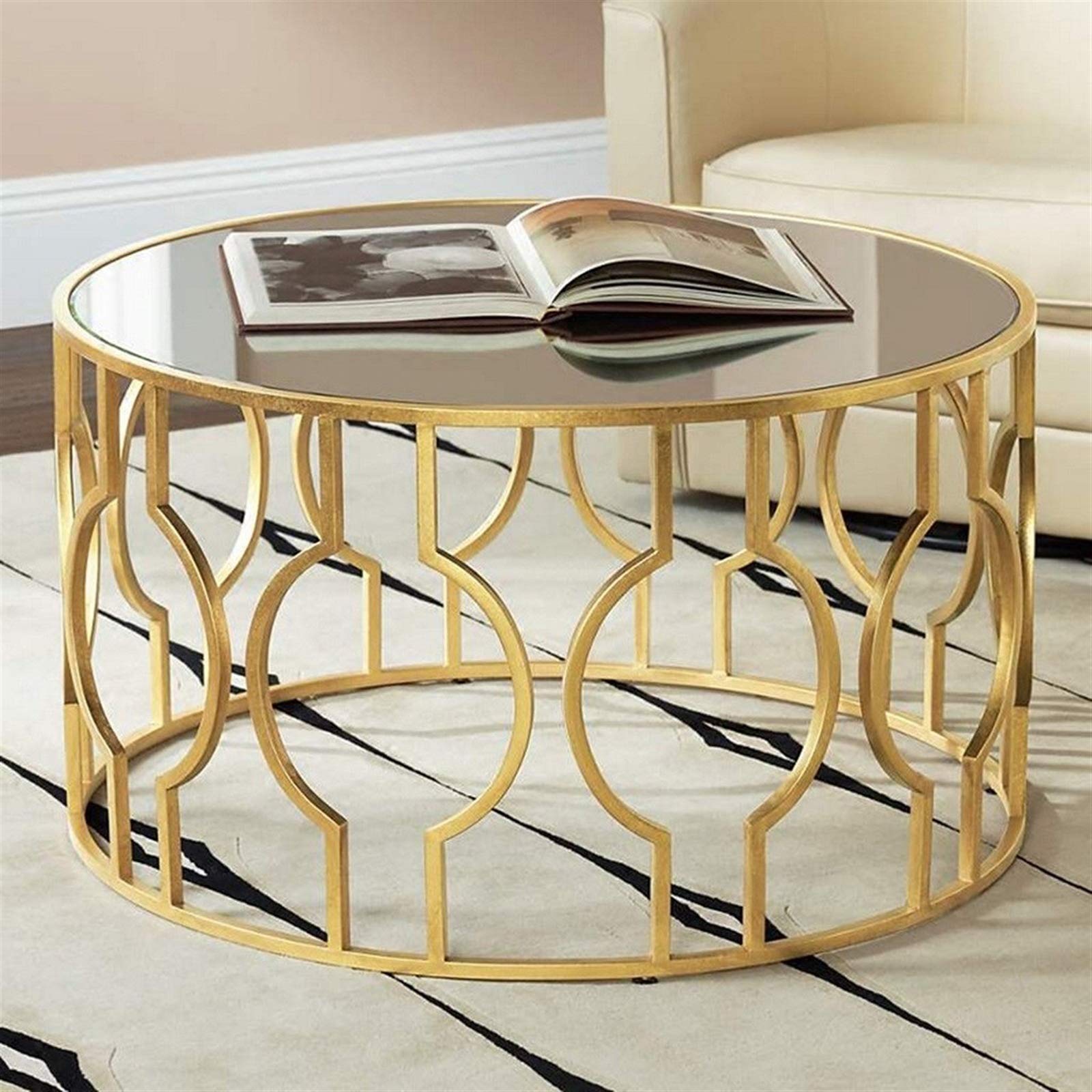 Runder Glastisch, Büro, Café, Bekleidungsgeschäft, Beistelltisch, moderner Goldener geometrischer Bügel, Freizeittisch, 56 x 56 x 50 cm,