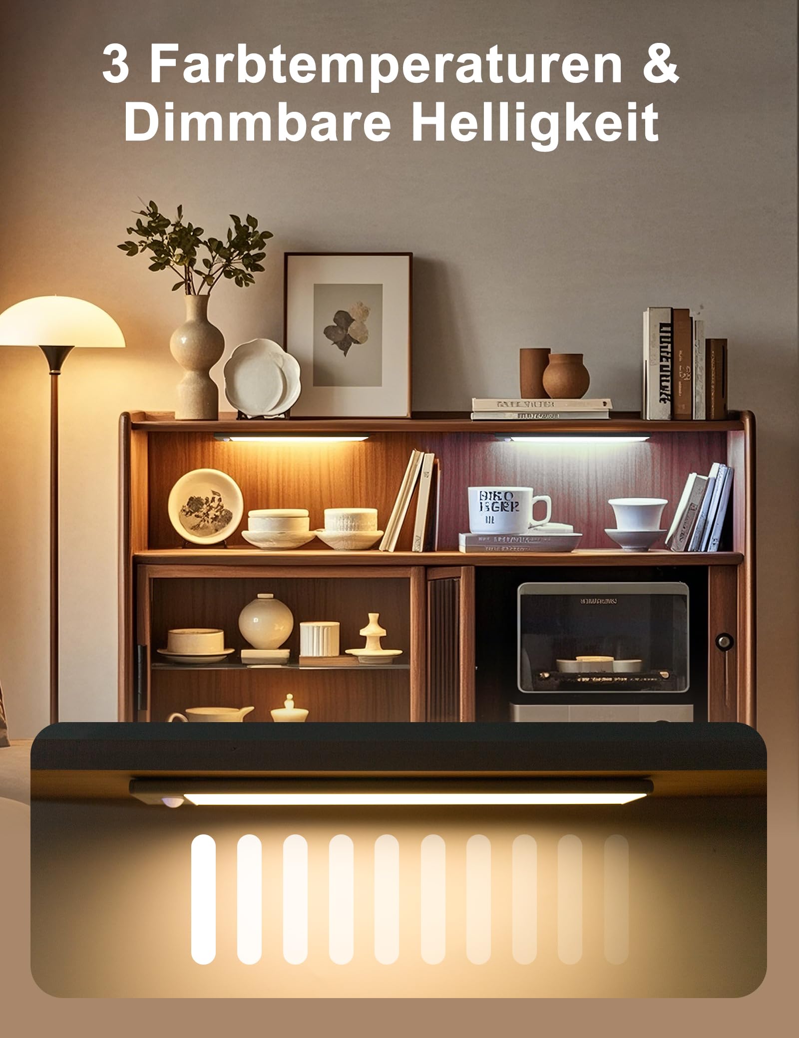 30CM Magnetische Schranklampe mit Bewegungsmelder, 2200mAh Kabellose LED Unterbauleuchte, 3000K/4000K/6500K Farbtemperatur, Dimmbar, Ideal für Küche, Schrank, Vitrine, 2 Stück