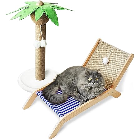 PETKARAY Cat Hammock with Scratching Post, Original Beach Chair Cat Bed and Coconut Tree Cat Scratcher, Cat Furniture for Small Cats and Kittens