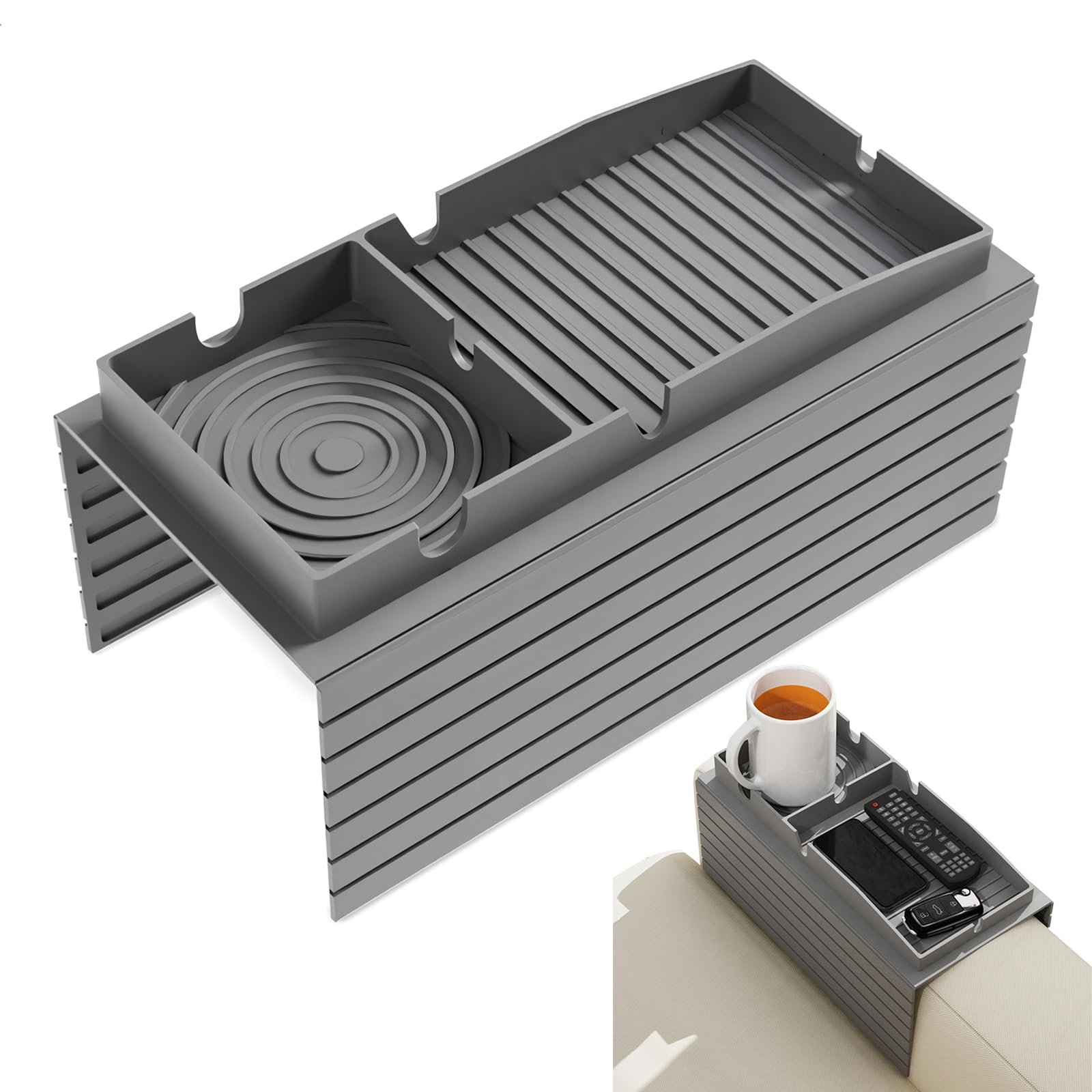Vassoio da Divano, Organizer Divano Bracciolo in Silicone, Antiscivolo Porta Telecomando da Divano per Telefono, Tablet, Riviste, Tazza, Grigio
