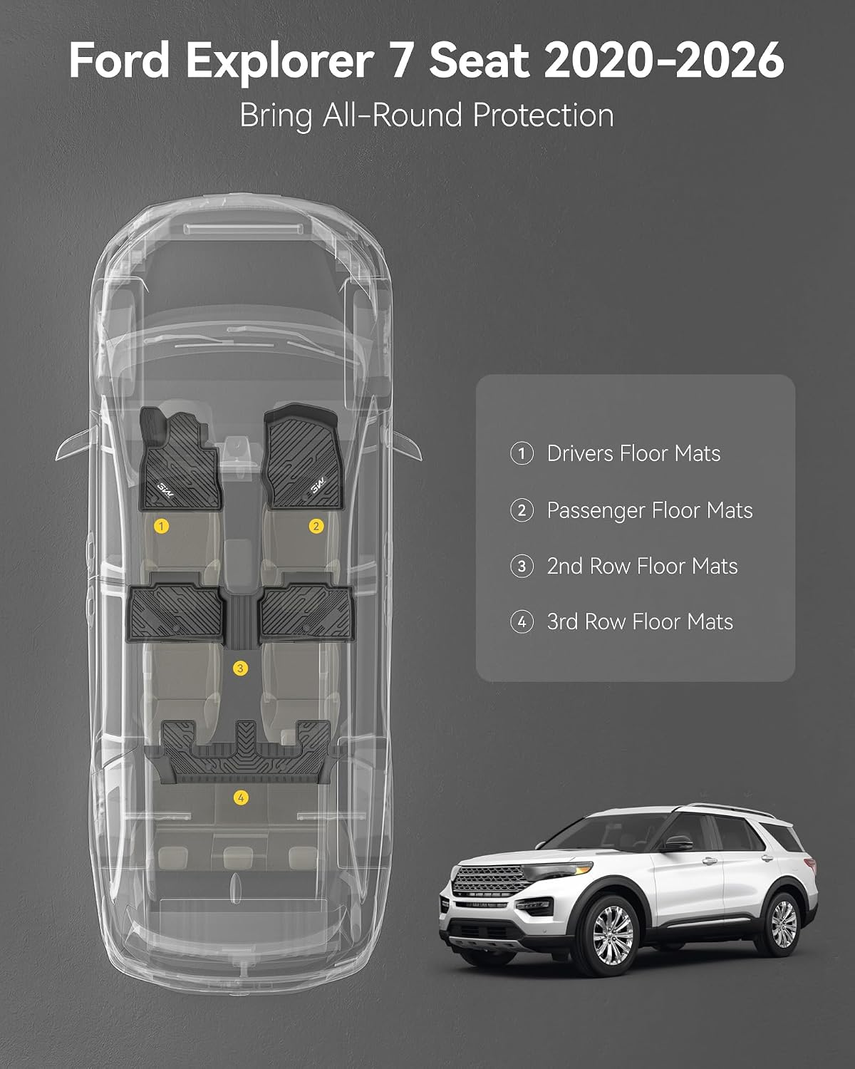 3W Floor Mats Custom Fit for 2020-2023 2024 2025 Ford Explorer 7 Passenger, All Weather TPE Full Set Car Accessories Floor Liner Including 3 Rows Car Mats (Includes Explorer Hybrid)