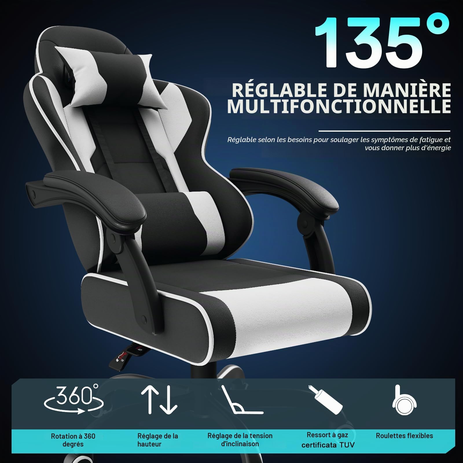 JUMMICO Jetstream Fauteuil De Bureau, Chaise Gaming Ergonomique avec Repose-Pieds, Chaise De Jeu avec Fonction De Massage, Chaise De Bureau À Élévation Pneumatique, 150 Kg, Blanc