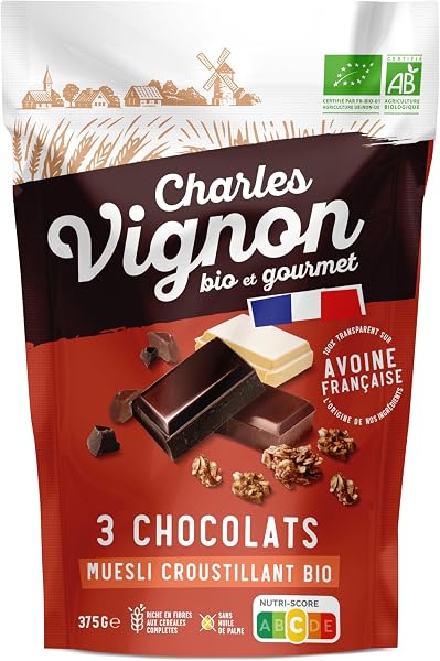 Charles Vignon - Muesli Bio Croustillant aux 3 Chocolats - 375 g - Riche en Fibres, Fabriqué en France, Sachet Refermable - 1