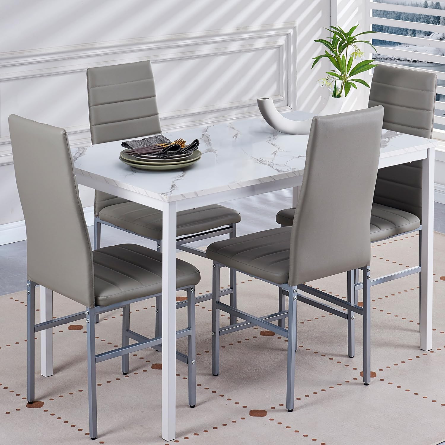 DZOVAD Dining Table and Chairs Set 4, Modern MDF Dining Table and 4 Faux Leather Chairs, 5 Piece Set, White/Grey