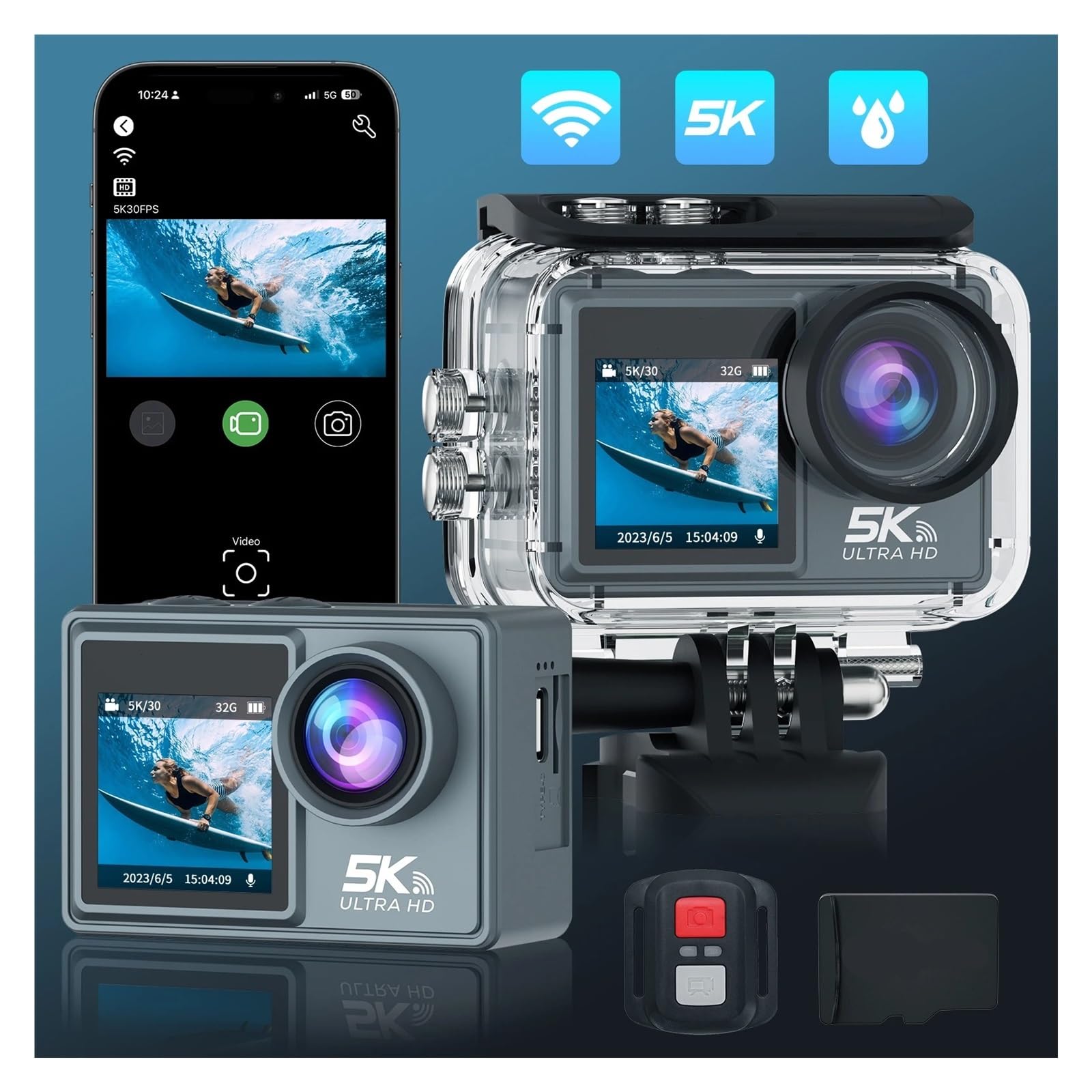 Action Camera 5K30FPS con telecomando Wi-Fi Touch Screen Stabilizzazione elettronica dell'immagine Telecamera subacquea for sport all'aria aperta