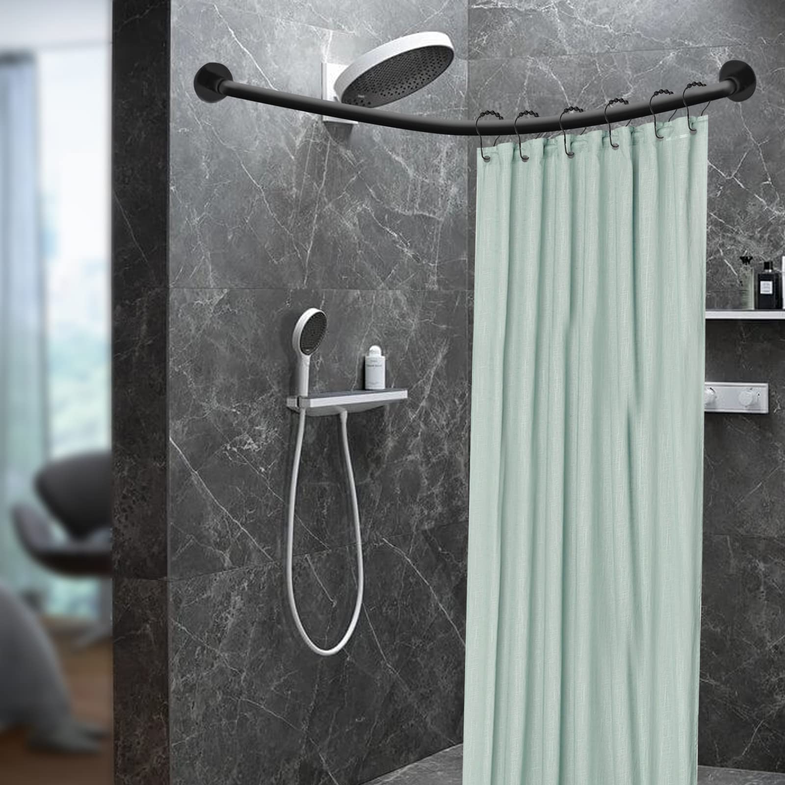 Tringle à rideau de douche en forme de L en acier inoxydable noir extensible pour rideau de douche d'angle pour salle de bain et baignoire, sans perçage