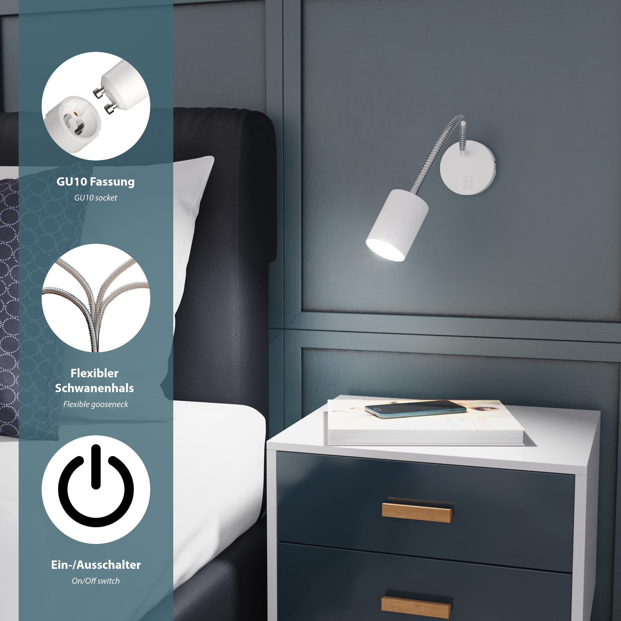ledscom.de 2x Leselampe WAIKA mit Schwanenhals und Schalter weiß matt, inkl. GU10 LED Lampe (weiß, 5,3W, 504lm, 44°)
