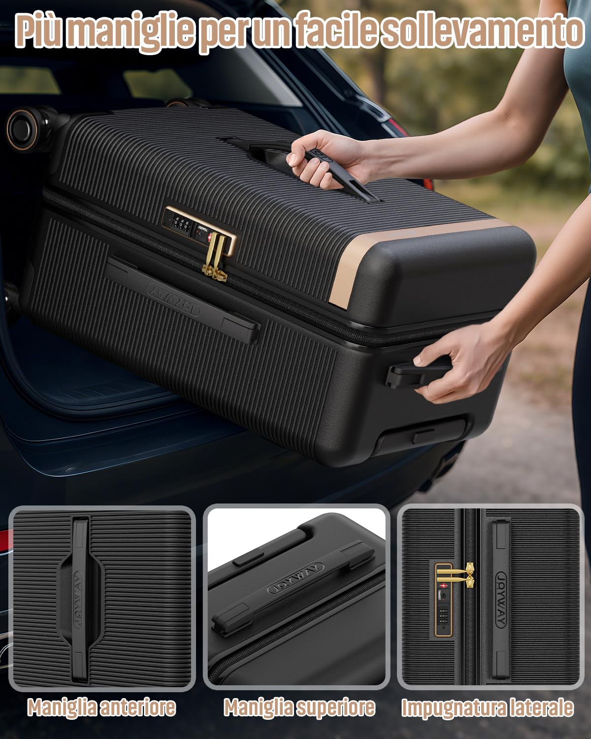 Joyway Valigia Trolley guscio rigido ABS 4 ruote, serratura TSA, Nero | Portabevande integrato, fodera interna rimovibile. Ruote doppie ammortizzanti 360° freno, manico telescopico 3 livelli