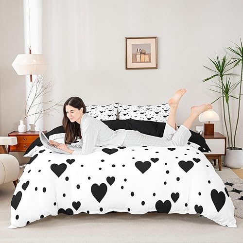 Miniatura 4 de Feelyou Juego de ropa de cama con corazones para niñas y niños, funda de edredón con estampado geométrico, reversible, color blanco y negro,