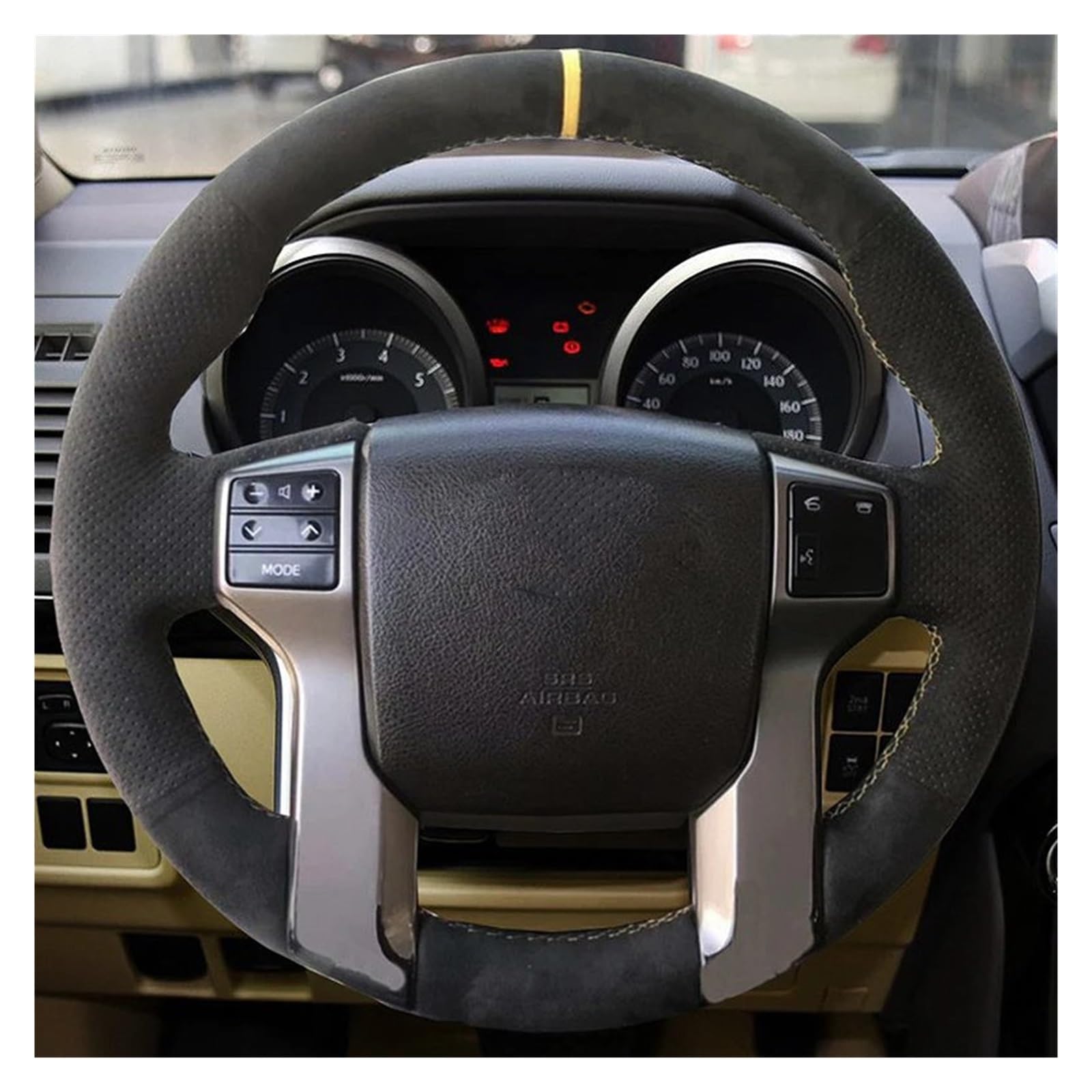 Lenkradhüllen Für Toyota Für Land Für Cruiser Für Prado 2010-2017 Handgenähte rutschfeste Schwarze Echtleder Lenkradabdeckung Mit Pfirsichholzmaserung Lenkrad Schutzhülle(Style 4)