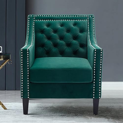 Miniatura 3 de Accent Chairs - Silla decorativa de terciopelo moderna de mediados de siglo con cabezas de clavos, silla de sala de estar con patas de madera